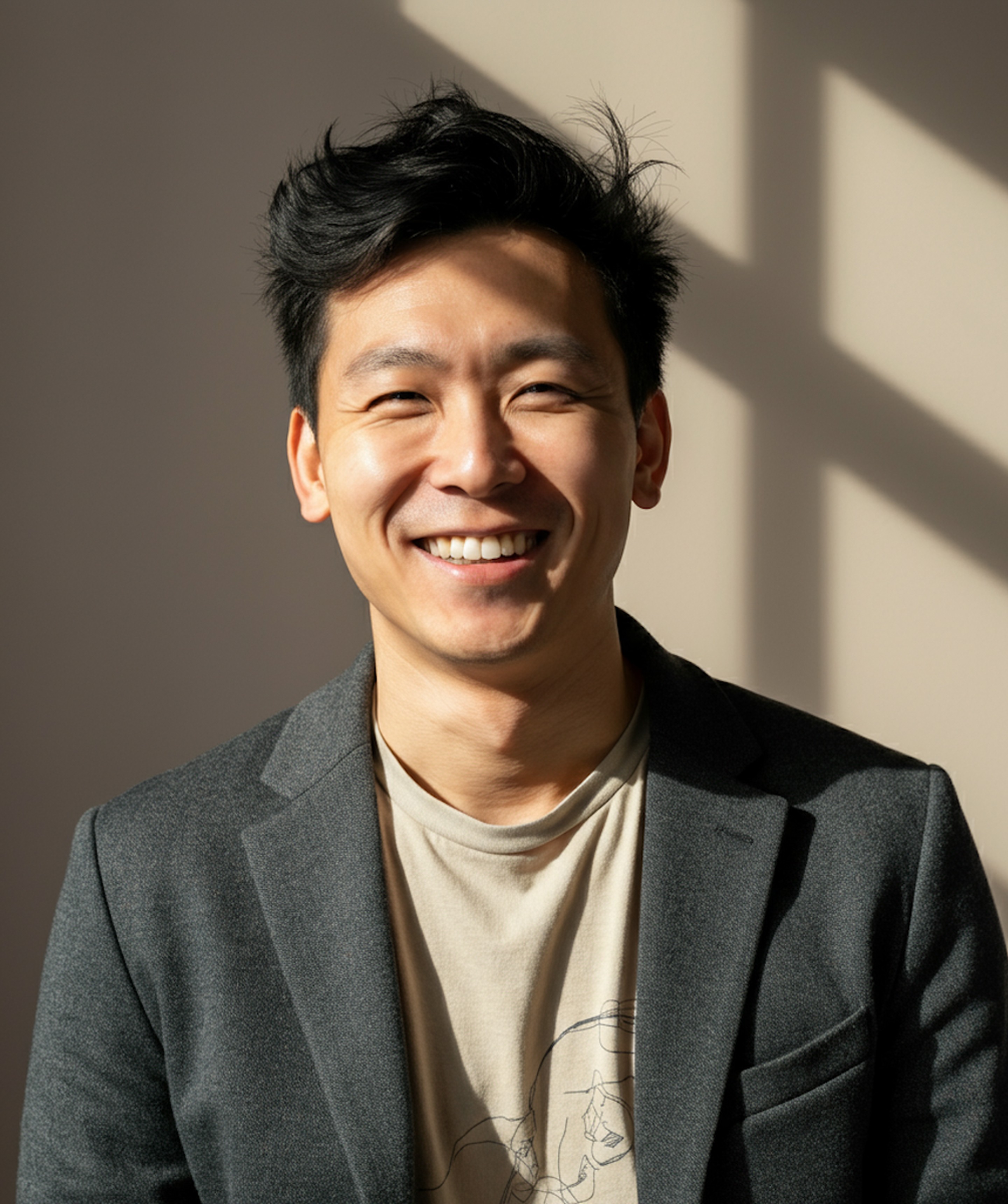 Smiling individual wearing a blazer and t-shirt, illuminated by natural light in a soft, warm setting.