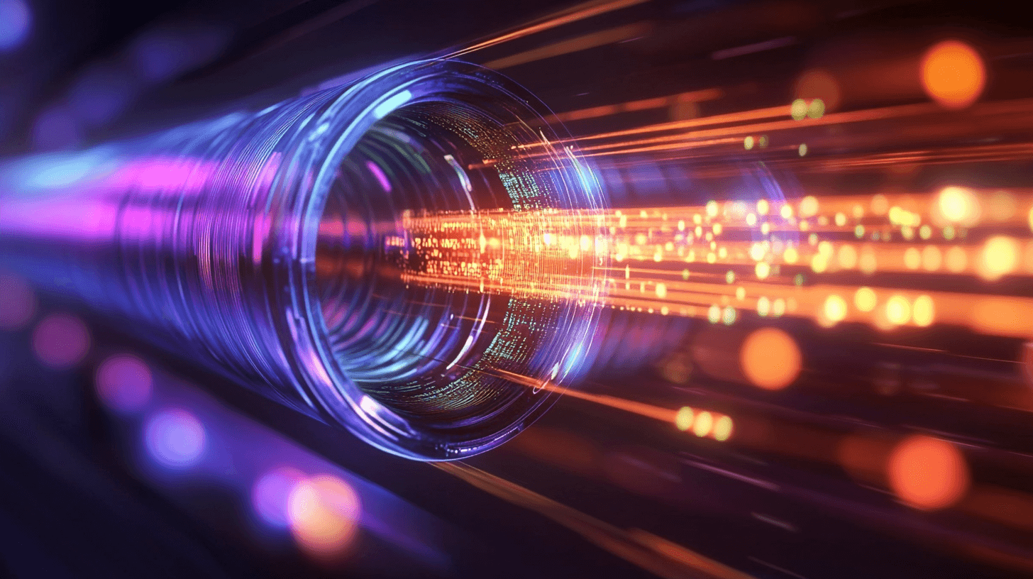 Animated diagram of data transmission process in fiber optic cable