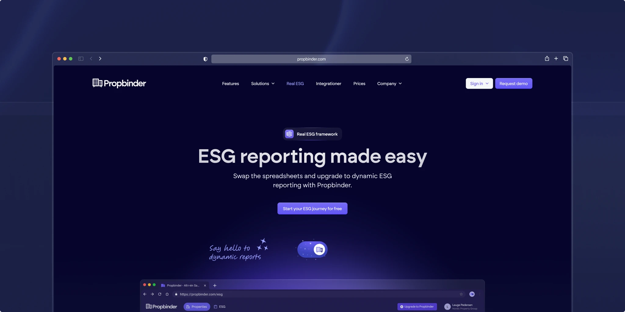 Propbinder homepage with the tagline 'ESG reporting made easy,' a call-to-action button 'Start your ESG journey for free,' and options for 'Sign in' and 'Request demo' on a dark blue background.