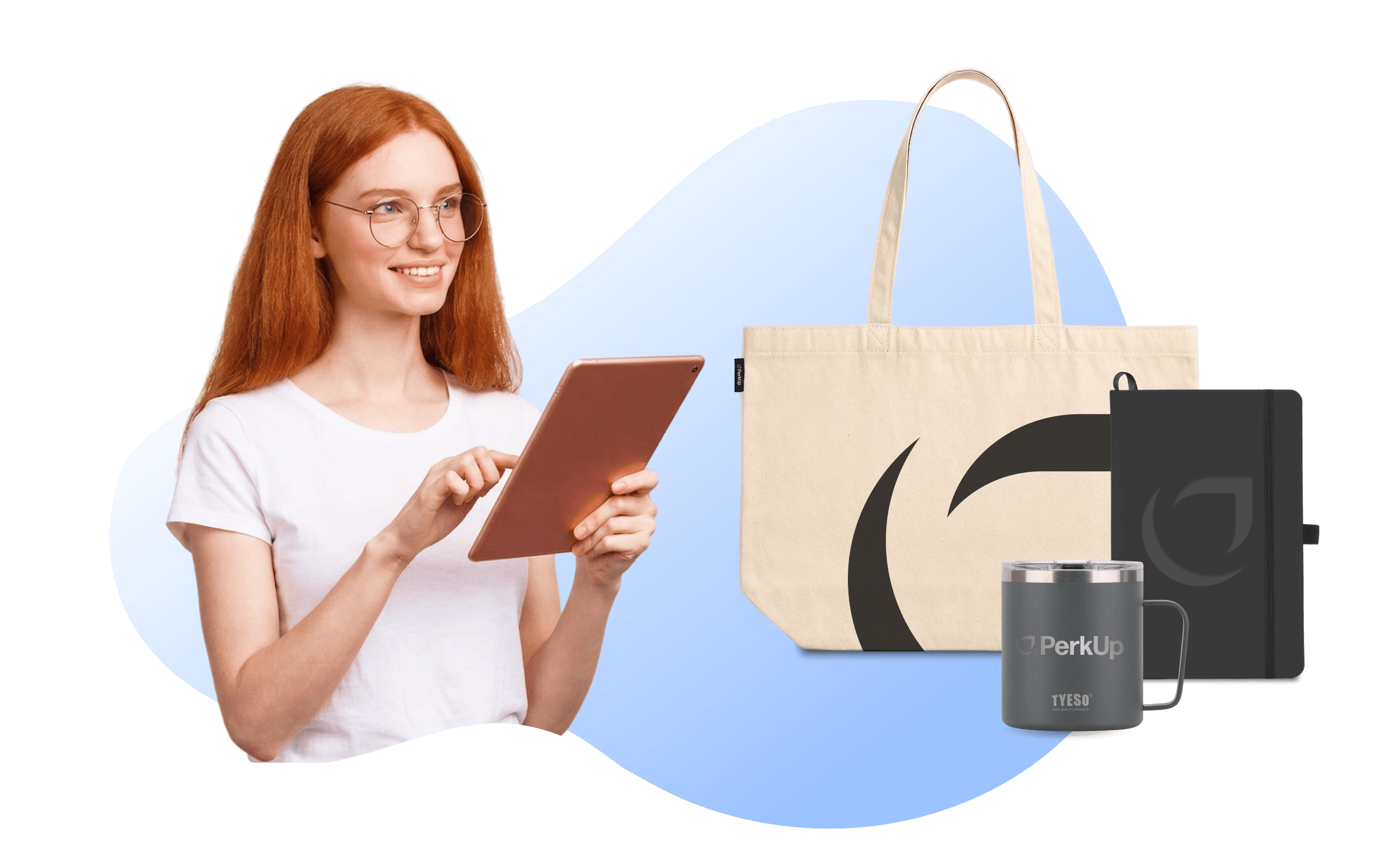 A woman holding a tablet with a tote bag, notebook, and insulated mug beside her.