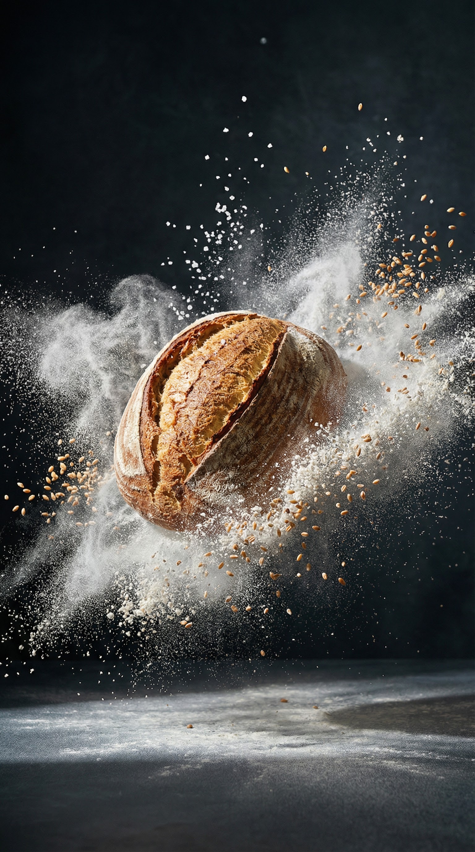 Artisan sourdough loaf bursting through flour cloud on dark background.
