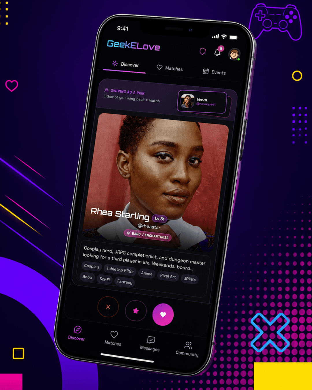 GeekELove dating app profile showcasing gamer interests, fandom tags, and swipe interface on a smartphone.