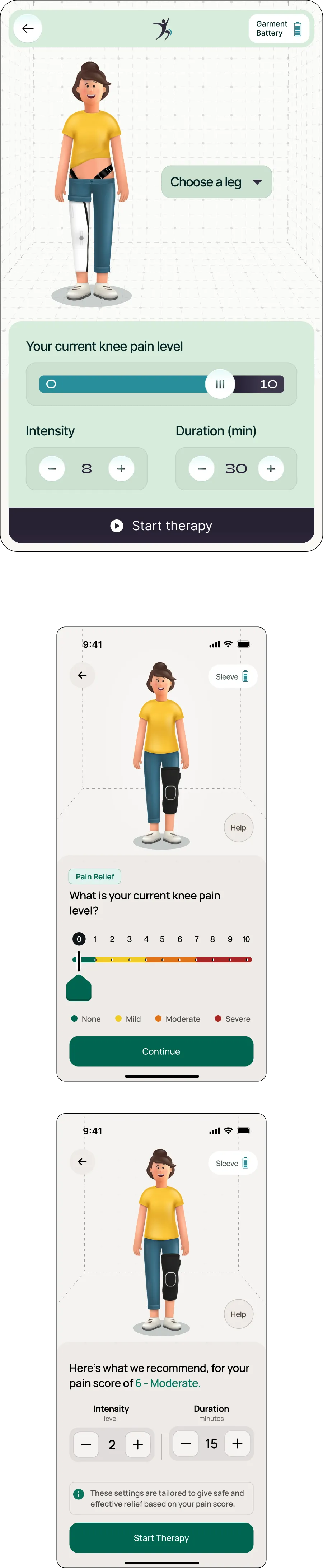 Evolution from a combined therapy setup screen to a two-step mobile flow separating pain input from recommended settings.