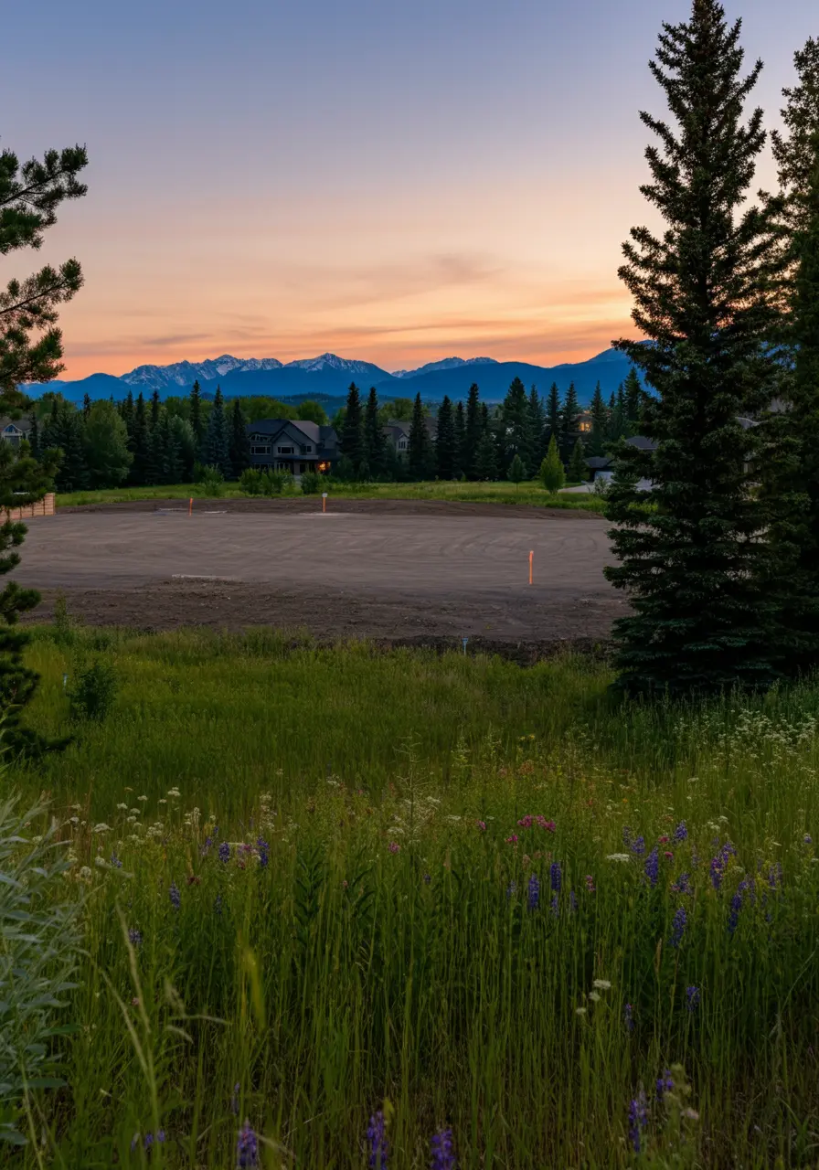 Vacant lot for a custom-built property surrounded by wildflowers, evergreen trees, and a scenic mountain view at sunset in Alberta.
