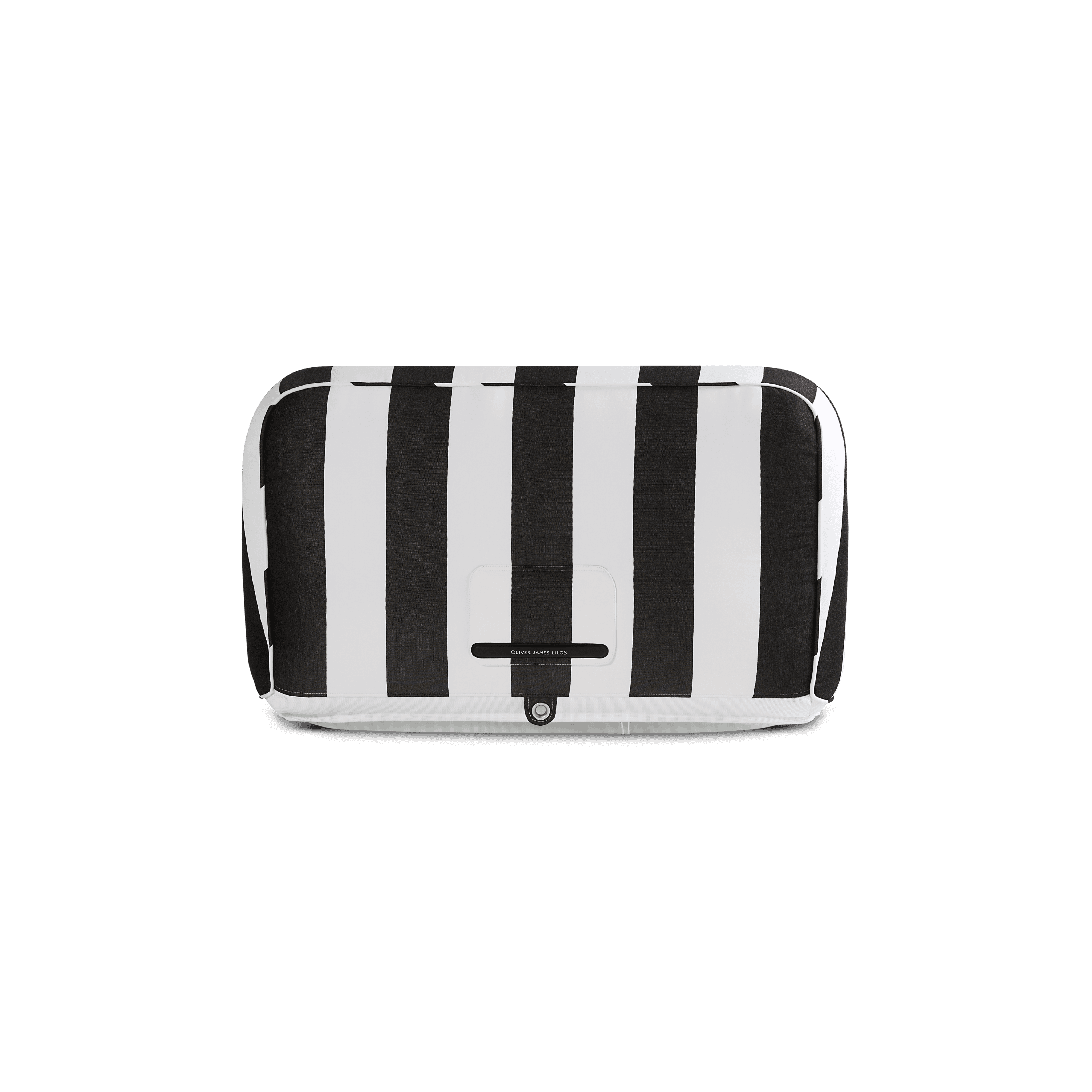 Back-facing pool float in black-and-white stripe canvas showing bold panels, fabric handle, and stainless eyelet