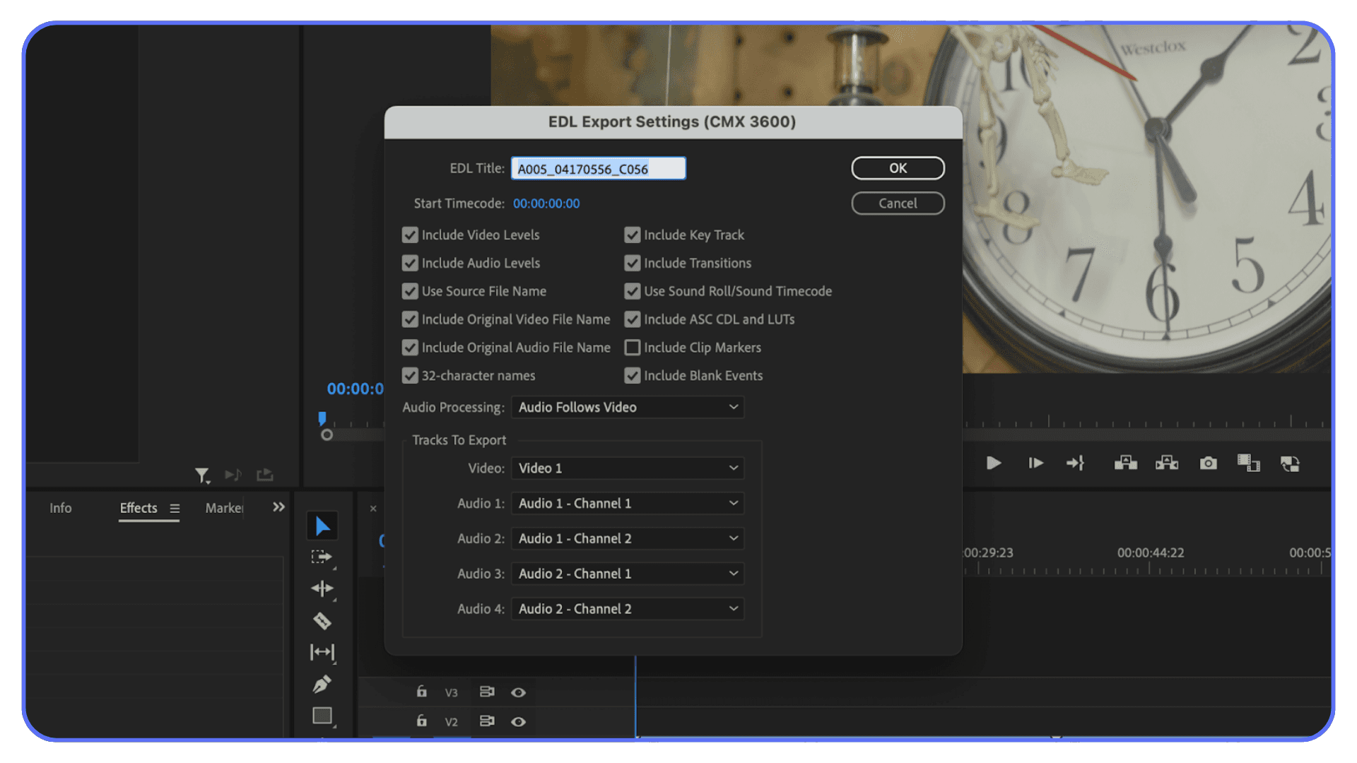 EDL export settings window used for timeline handoff and conform workflows