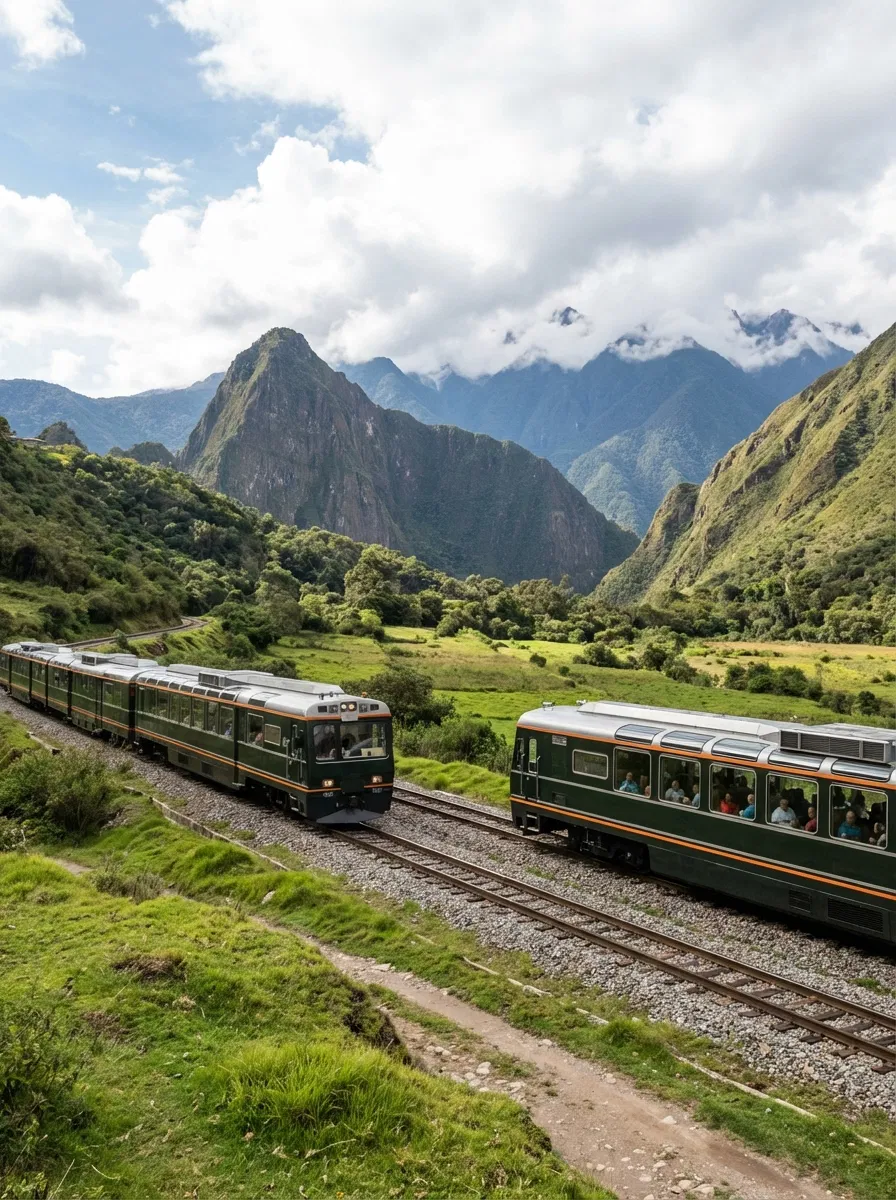 Two trains on the railway near Machu Picchu set against an Andean mountain landscape.