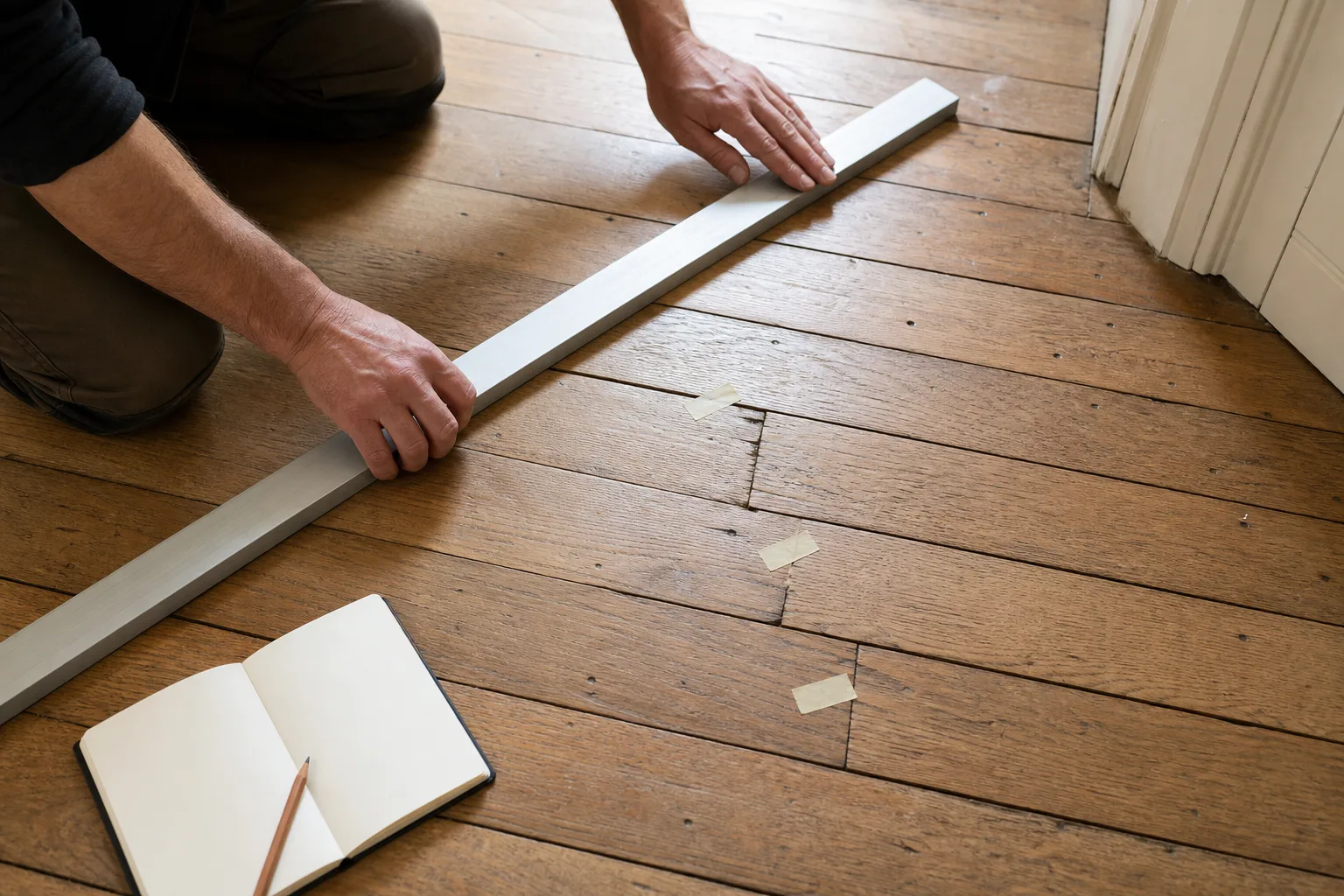 Contrôle d’une zone de parquet qui grince avec règle et repères amovibles