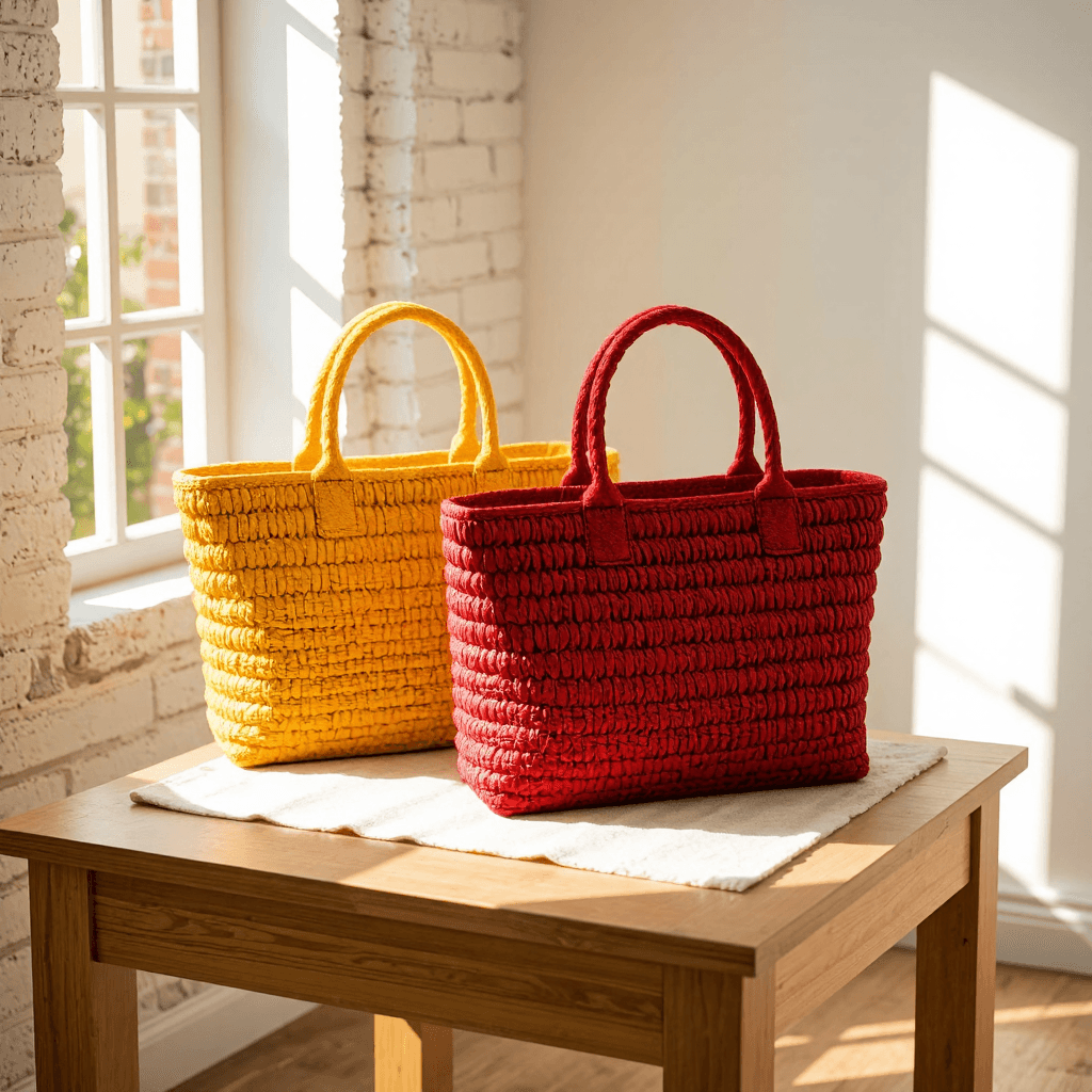 product photography of a pair of woven handbags, used for carrying personal items, featuring a unique textured design