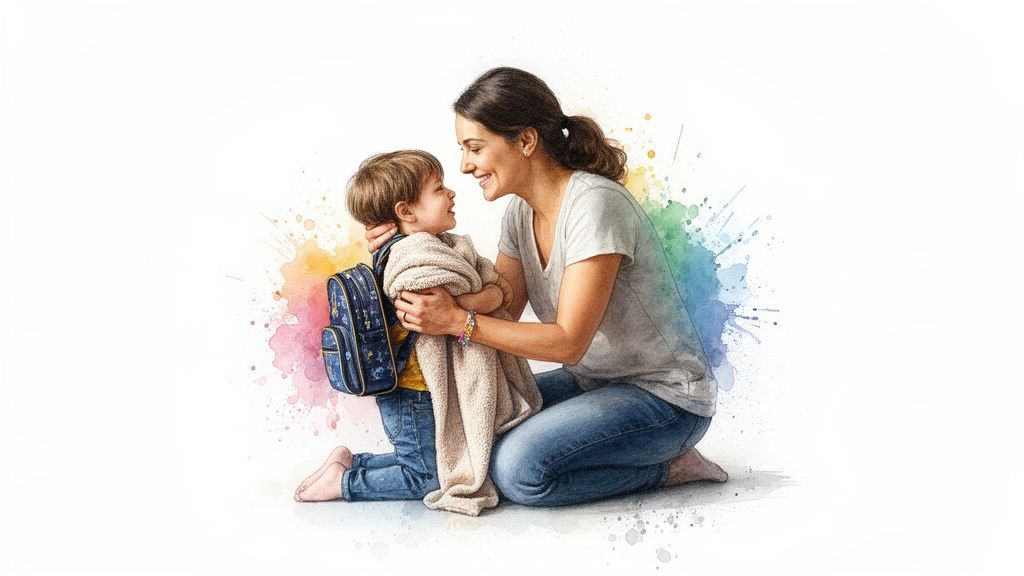A mother kneels, smiling warmly at her young child wearing a backpack, comforting them with a blanket, surrounded by watercolor splashes.