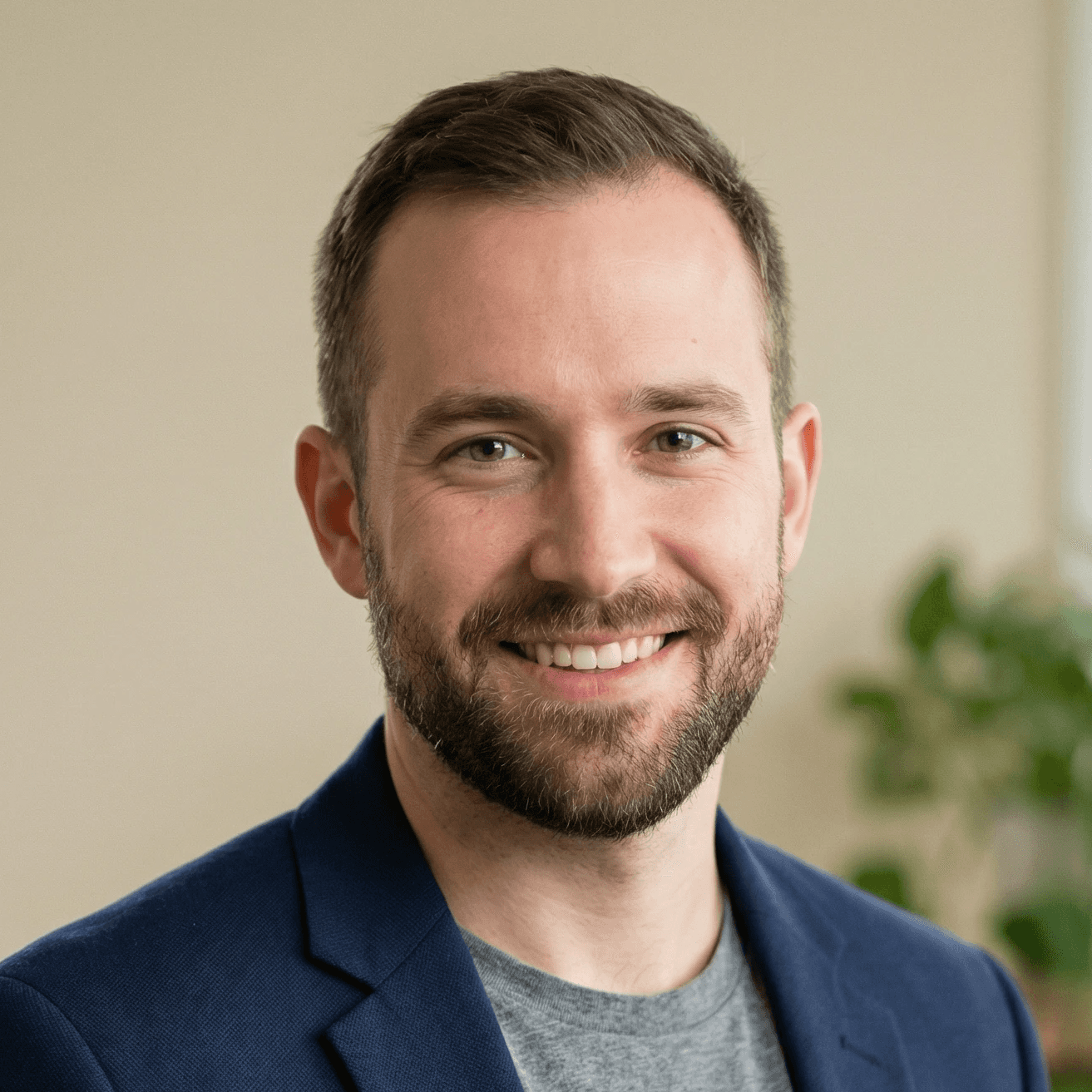 Smiling man with a beard wearing a blue blazer and grey shirt, in a professional indoor setting.