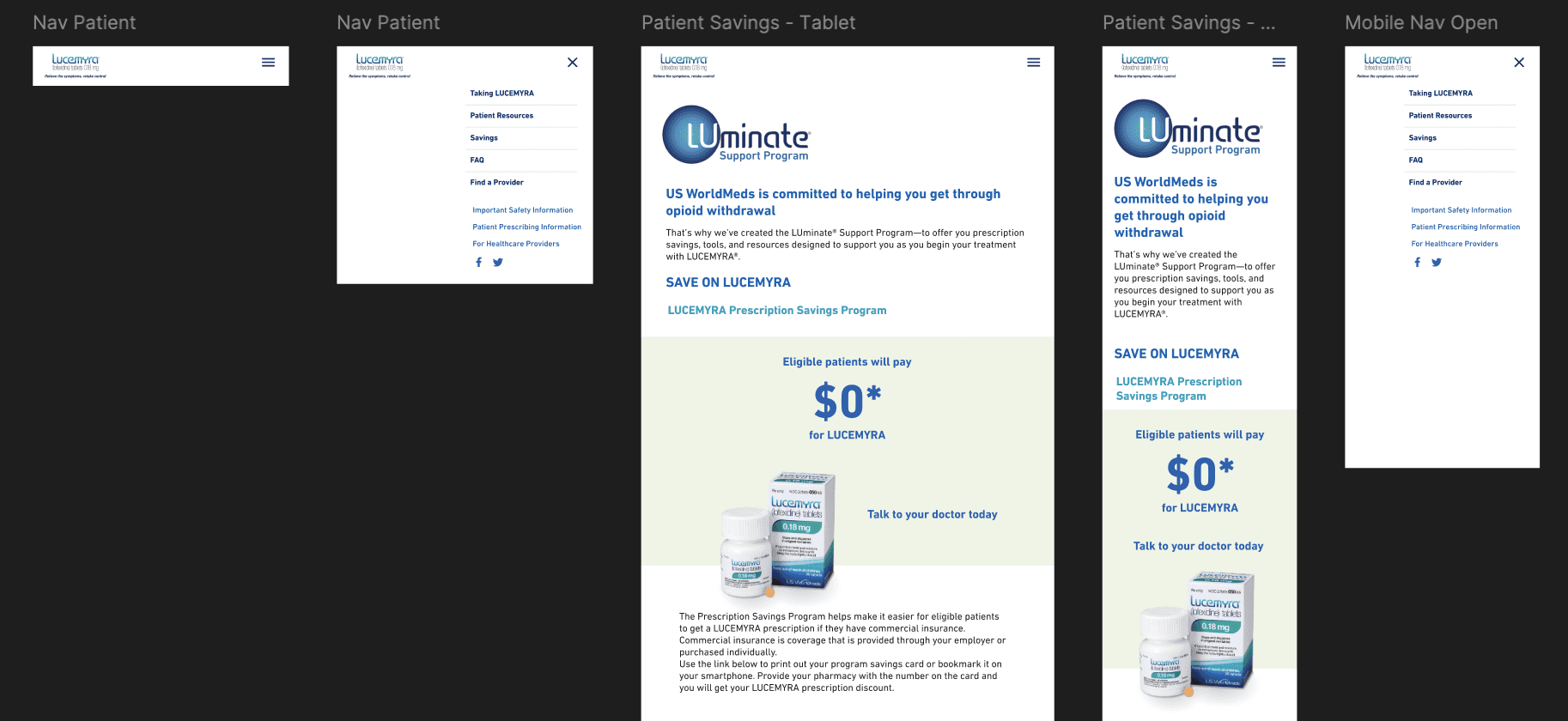 Frames of the Patient Savings page and Navigation at different mobile screen sizes in Figma