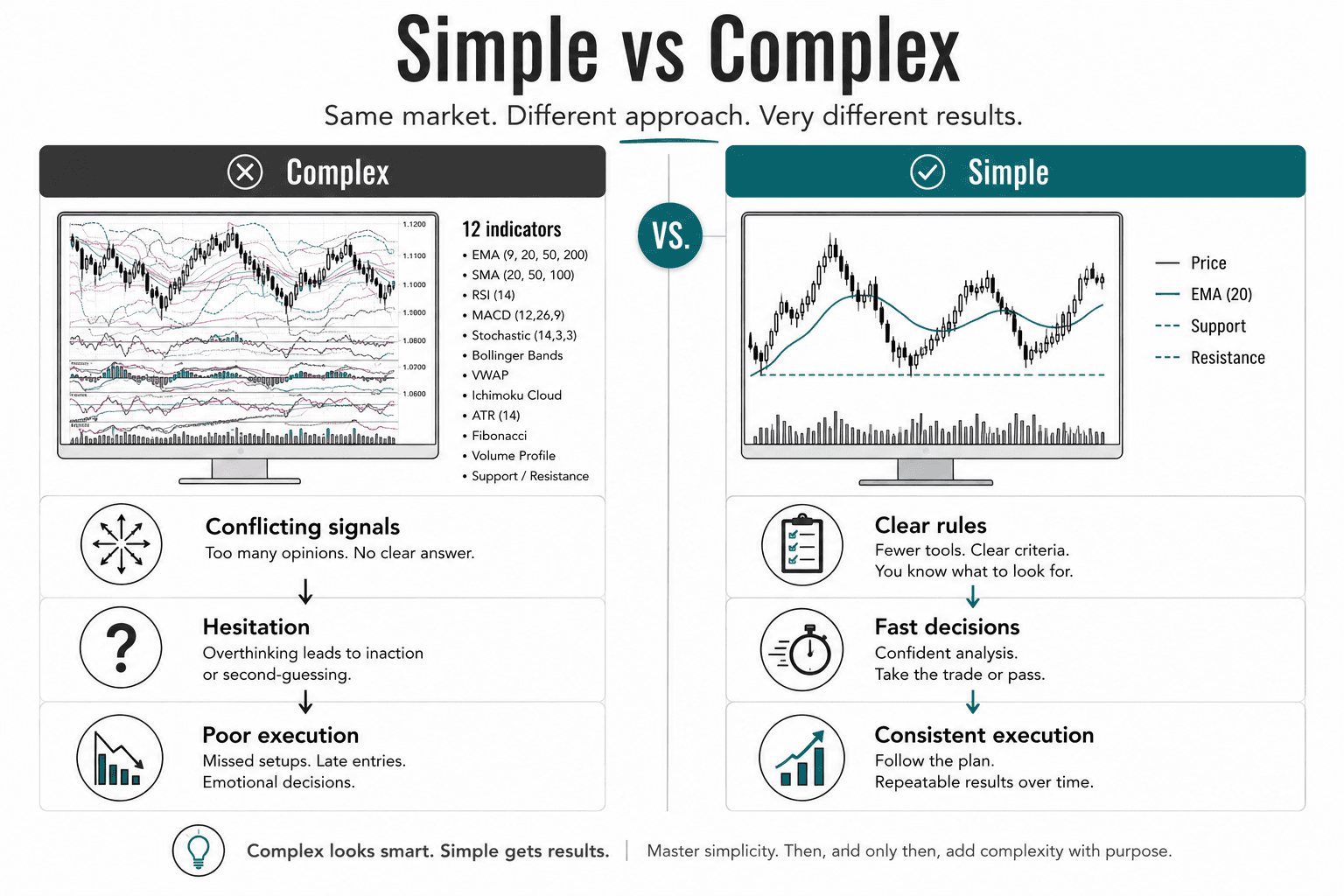 Comparison infographic contrasting complex and simple trading systems. The complex side shows twelve indicators leading to conflicting signals, hesitation, and poor execution. The simple side illustrates clear rules, faster decisions, and consistent trade execution using only essential market information.