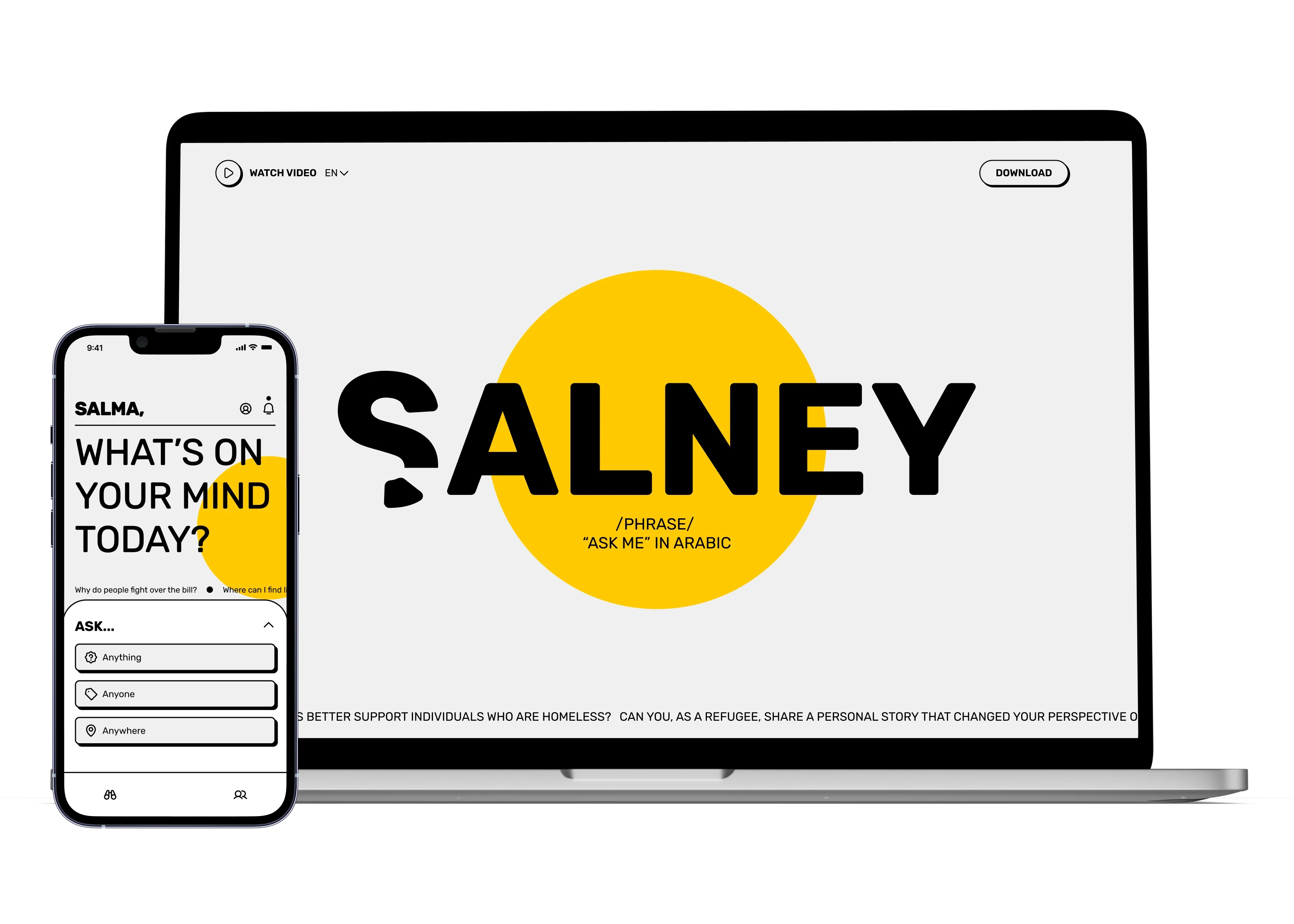 A mobile phone and laptop mockup containing the Salney app and Salney landing page.