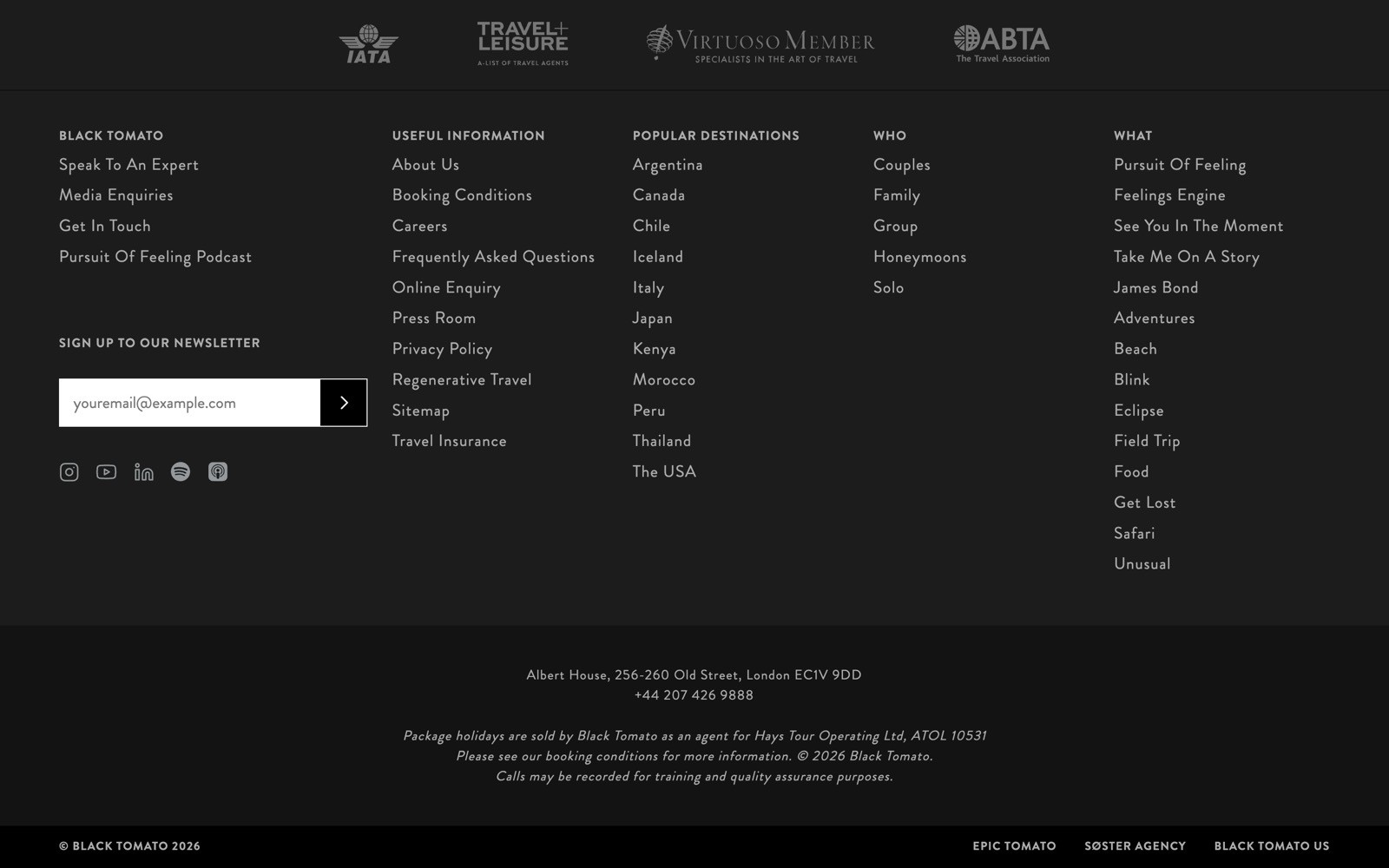 Black background footer with newsletters sign-up bar, contact info for London location, and links to company information and travel destinations.