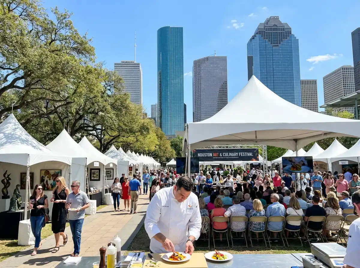 A scenic view of the Bayou City Art Festival in downtown Houston, featuring white art tents and a culinary stage set against the modern downtown skyline and lush green trees of Sam Houston Park