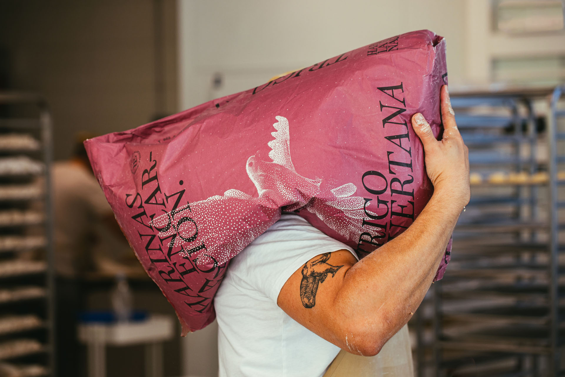 Worker carries a Harinas La Encarnación flour sack on their shoulder inside a bakery workspace.