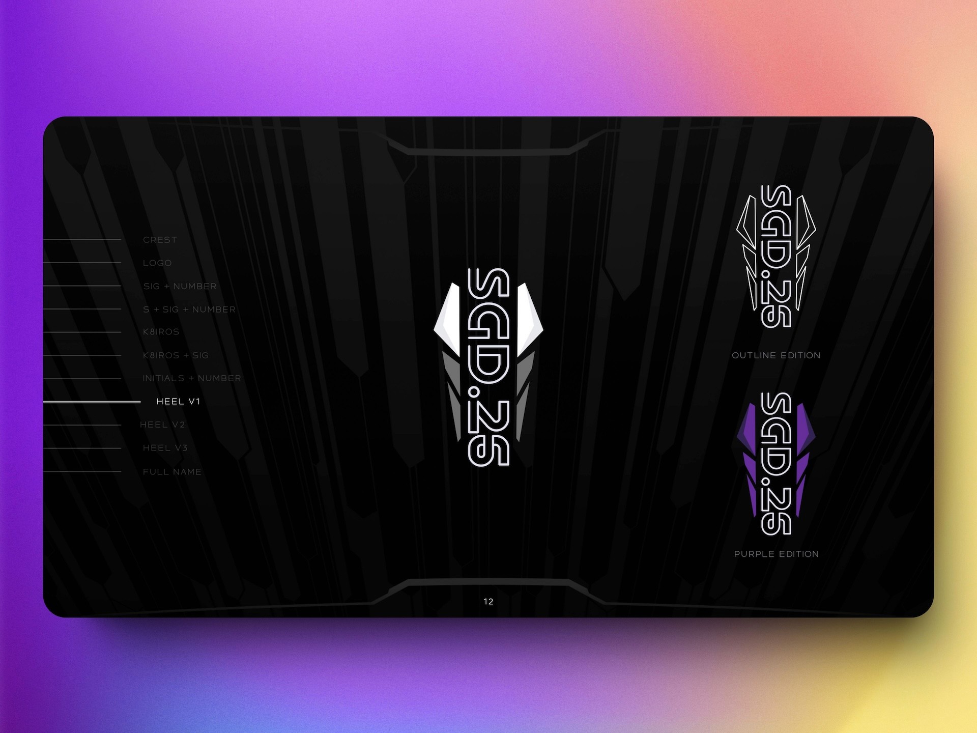 SGD.26 heel logo design featuring vertical SGD.26 typography with angular wing motif in standard, outline, and purple variations