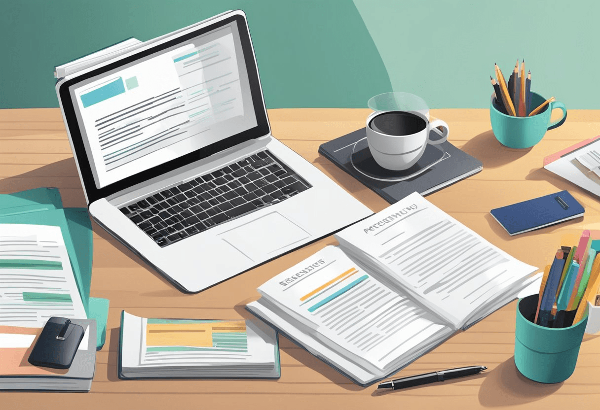 A stack of cover letters, a laptop, and a pen on a desk with a "Frequently Asked Questions Mastering the Cover Letter" book open to a relevant page