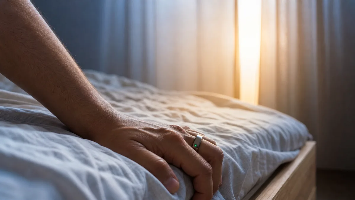Hand wearing a smart tasbih ring pressing into rumpled bedding as first dawn light enters through curtains