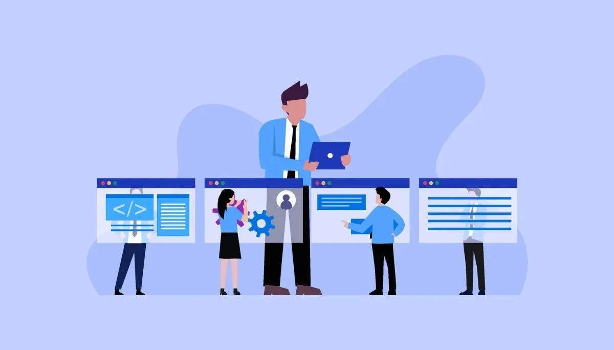 Illustration of five team members overlaid with different digital interface windows—coding tags, user settings, text boxes, and project dashboards.