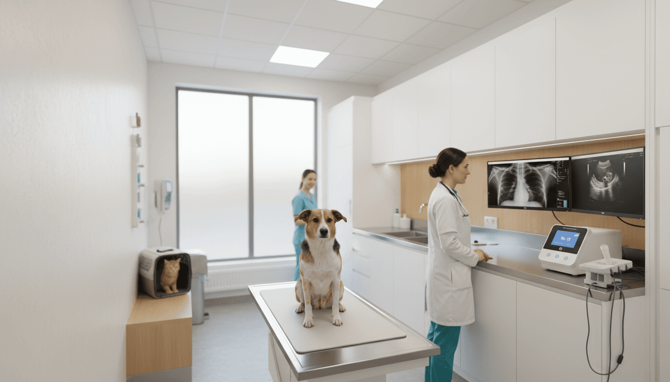 Veterinarian reviewing a dog’s X-ray and abdominal ultrasound on dual monitors in a modern UK clinic, with in-house analysers and a calm dog on the exam table