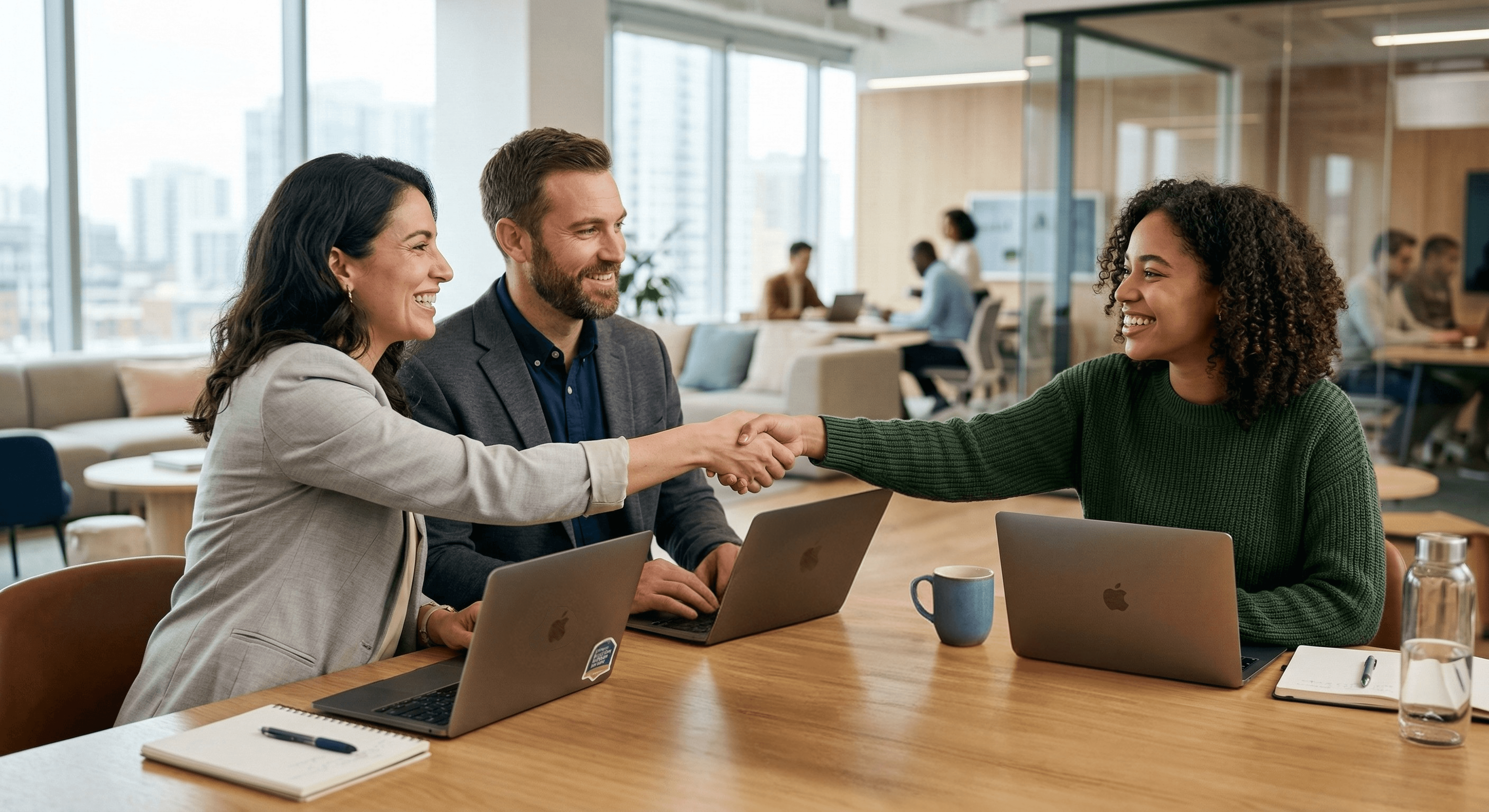 A smiling female candidate shakes hands with a hiring manager at the end of a job interview in a modern, sunlit office with an interview panel.