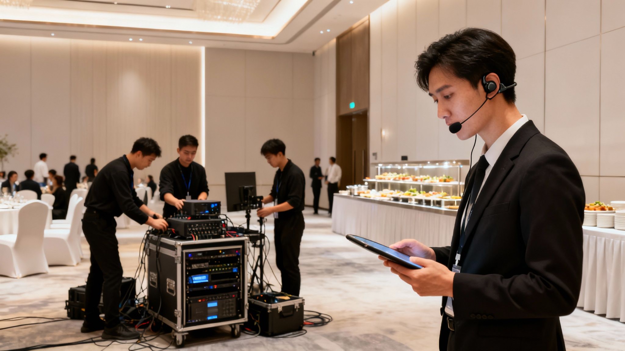Coordinador de eventos con auricular y tablet supervisa la configuración de audio en un salón de banquetes.