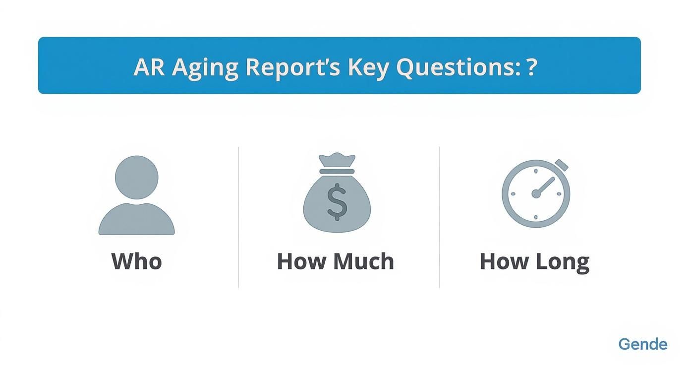 AR aging report key questions showing who owes money, how much is owed, and payment timeline