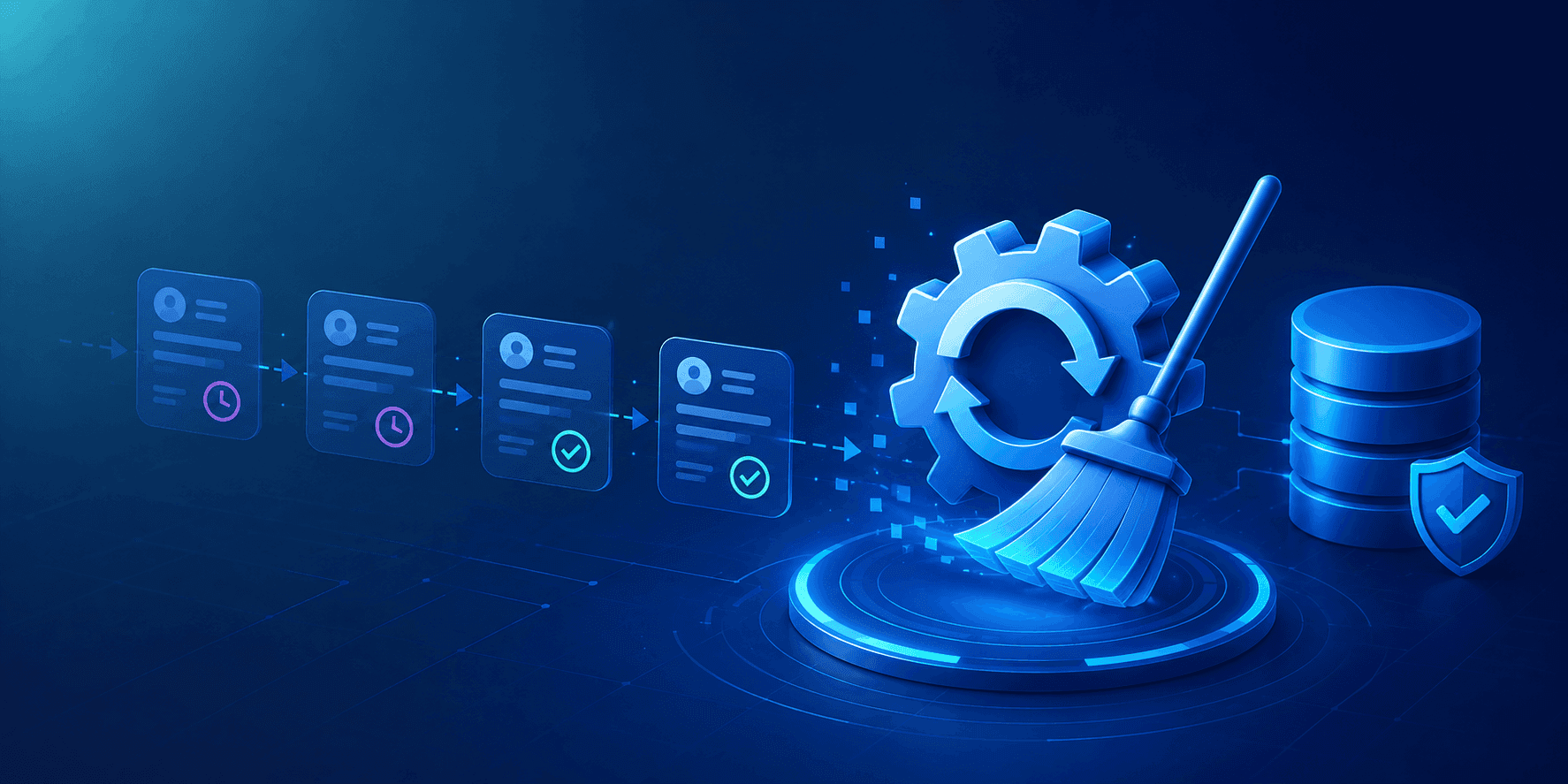 Illustration of automated task cleanup workflow showing process automation, task processing, and secure data management in IdentityIQ.