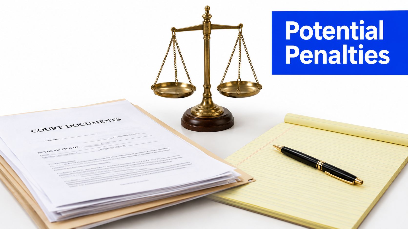 A gavel, court documents, and a legal scale represent the potential penalties in a criminal defense case.