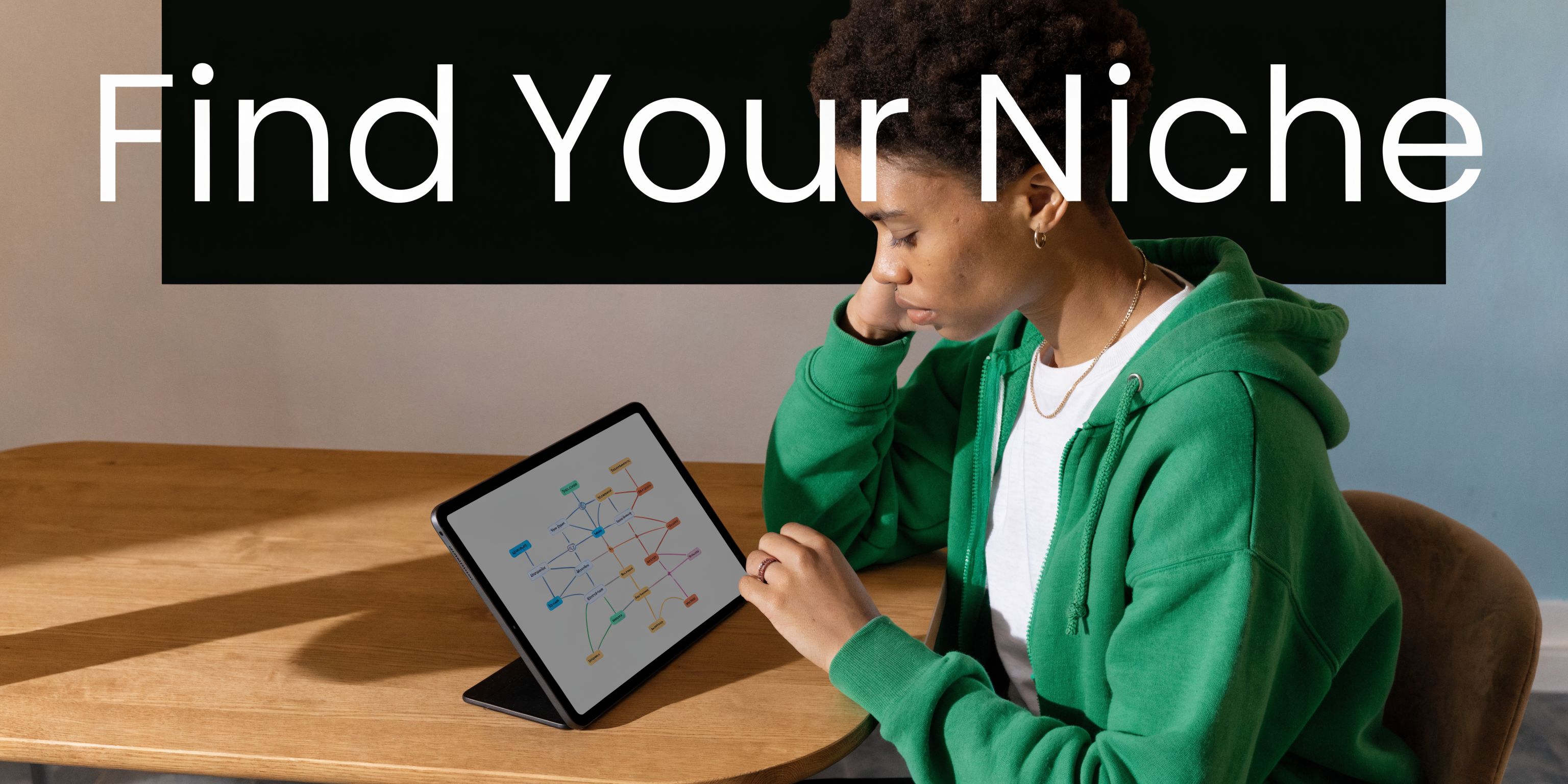 A person in a green hoodie sitting at a desk and reviewing a mind map on a tablet.