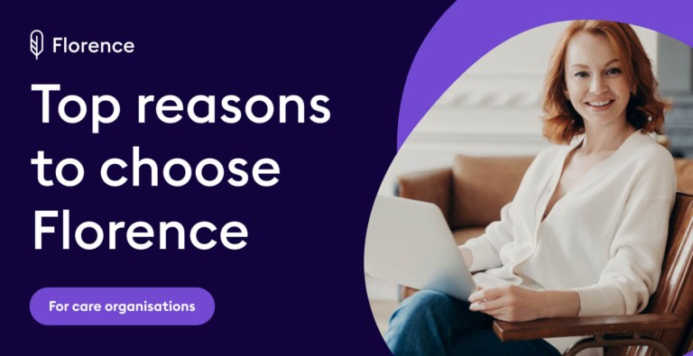 Promotional banner with the text “Top reasons to choose Florence” and a woman using a laptop.