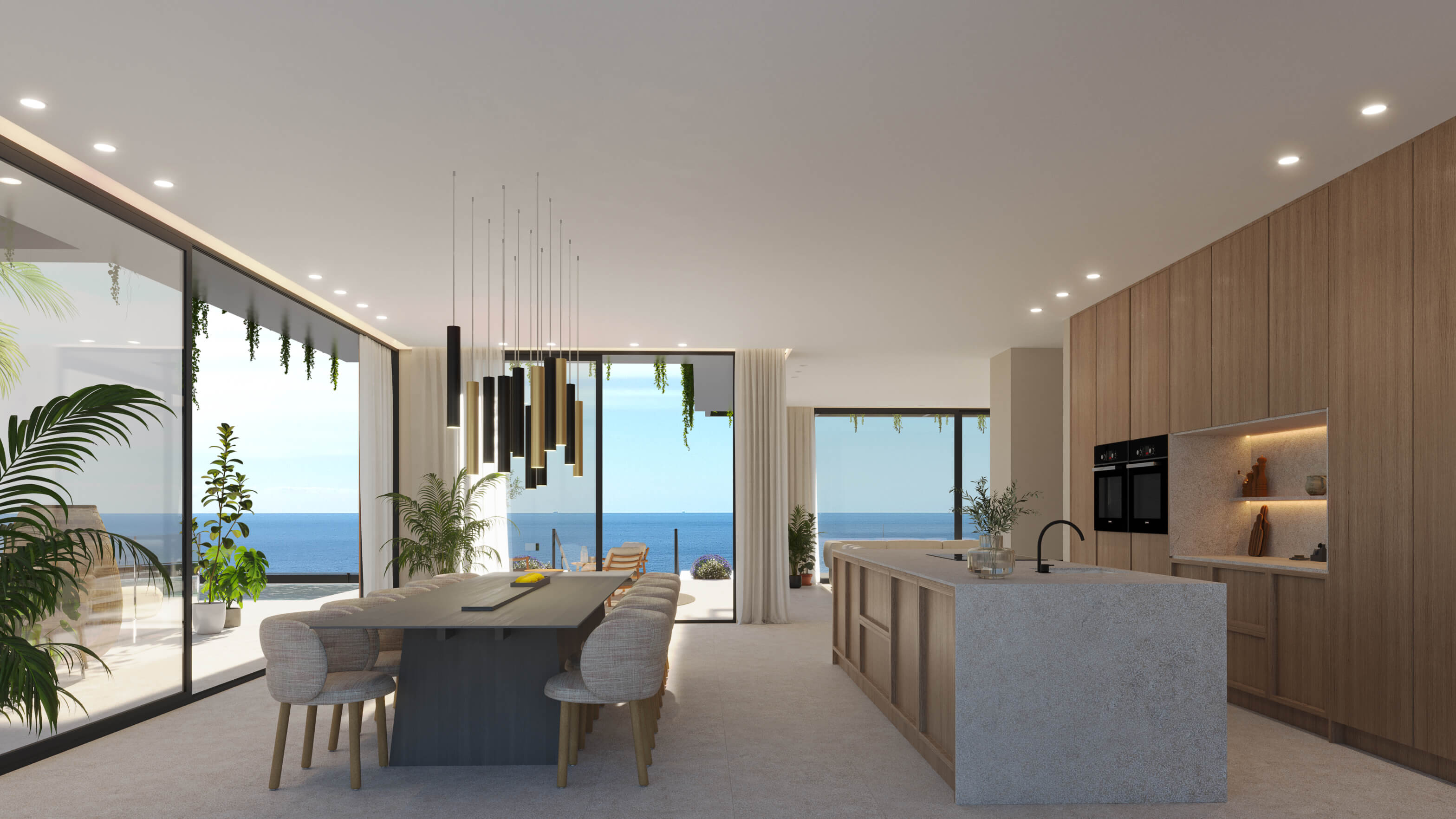 Salón y cocina de vivienda en Palma de Mallorca con instalaciones modernas y diseño de alta calidad