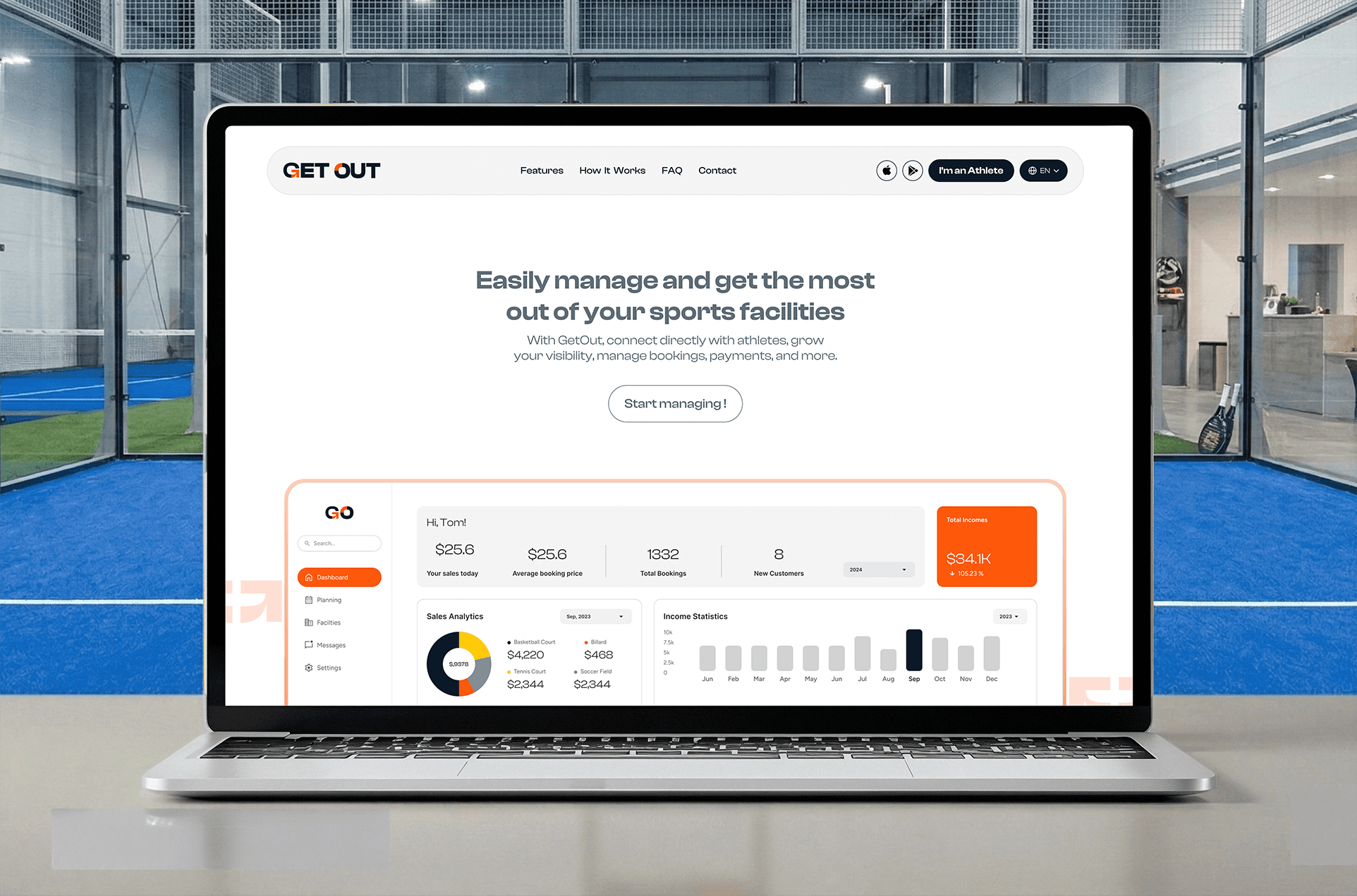 La page pour les gérants de centres sportifs sur le site GetOut réalisée par Novaa.studio.