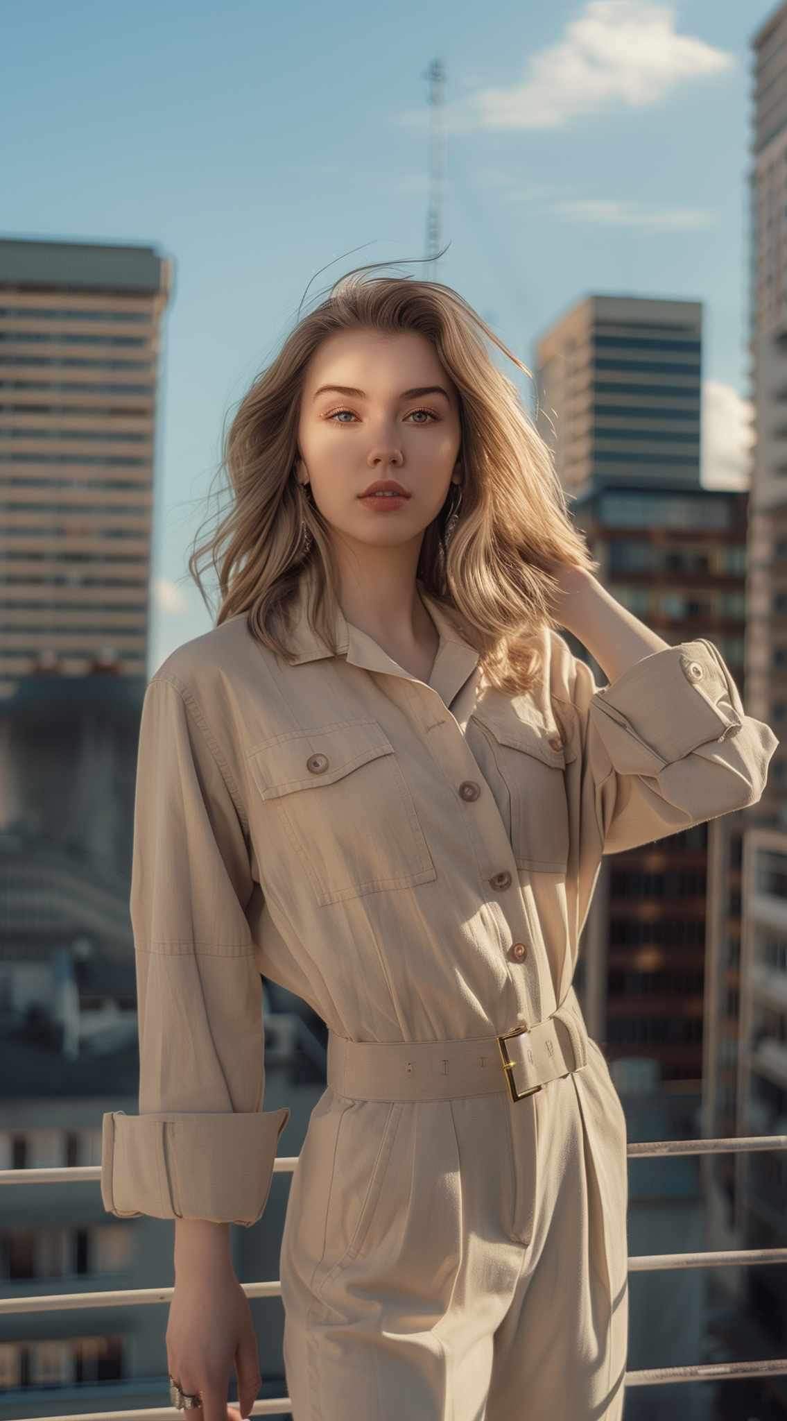 Young woman with messy look short hair standing on a veranda wearing dirty white long-sleeved romper with belt.