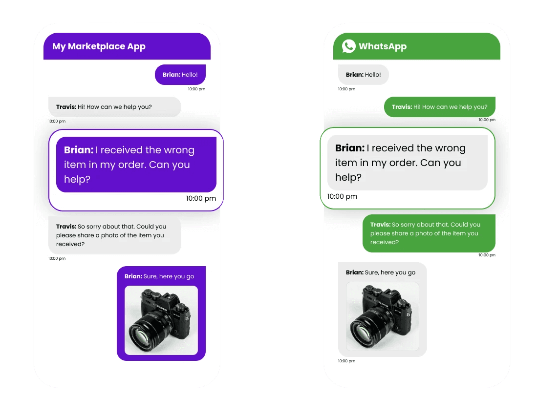 Two side-by-side chat interfaces compare a conversation in ‘My Marketplace App’ and WhatsApp. In both, Brian reports receiving the wrong item in his order and asks for help. Travis apologizes and asks for a photo of the incorrect item. Brian sends an image of a camera. The Marketplace App version uses purple accents, while the WhatsApp version uses green.