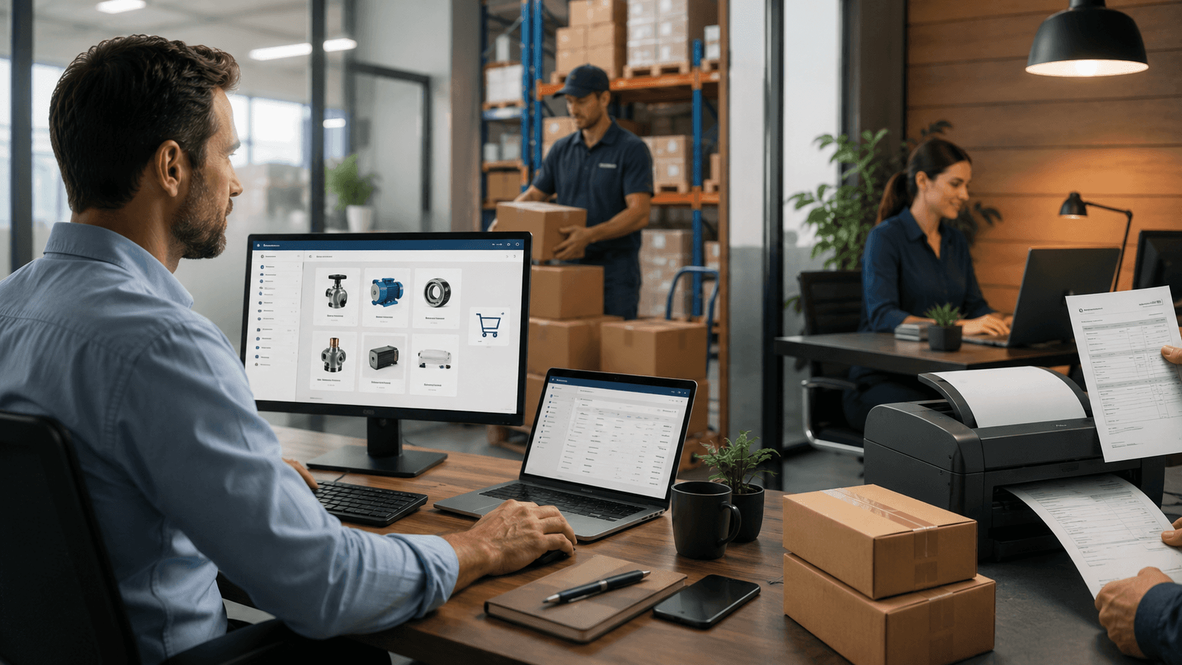 Ilustração 3D realista em formato 16:9 mostrando o fluxo de uma venda B2B online. Em primeiro plano, um comprador acessa um portal de pedidos em um computador moderno, visualizando produtos industriais e adicionando itens ao carrinho. Ao fundo, um ambiente integrado conecta escritório e centro logístico: colaboradores separando caixas no estoque, equipe administrativa acompanhando pedidos em telas, impressora emitindo nota fiscal e documentos comerciais sobre a mesa. A cena transmite continuidade do processo comercial digital, do pedido até o faturamento, com iluminação corporativa moderna, visual limpo e profissional, sem texto na imagem.
