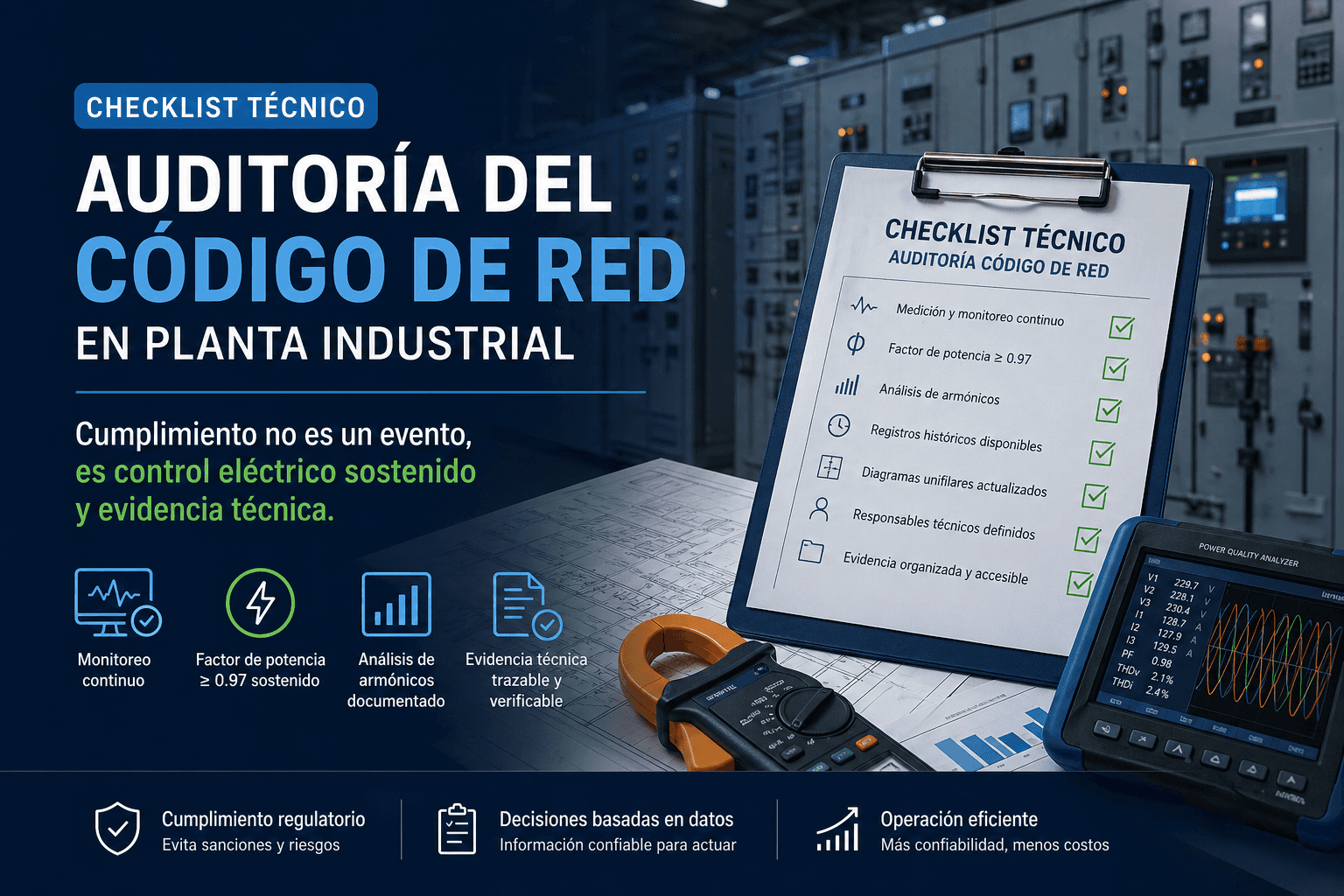 Checklist técnico para auditoría del Código de Red en planta industrial con equipo de medición eléctrica, analizador de calidad de energía y tablero eléctrico al fondo.
