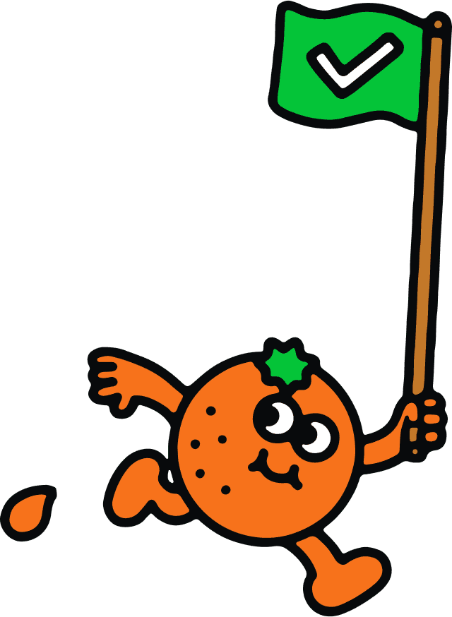 Illustration of an animated orange holding a flag in one hand while running.