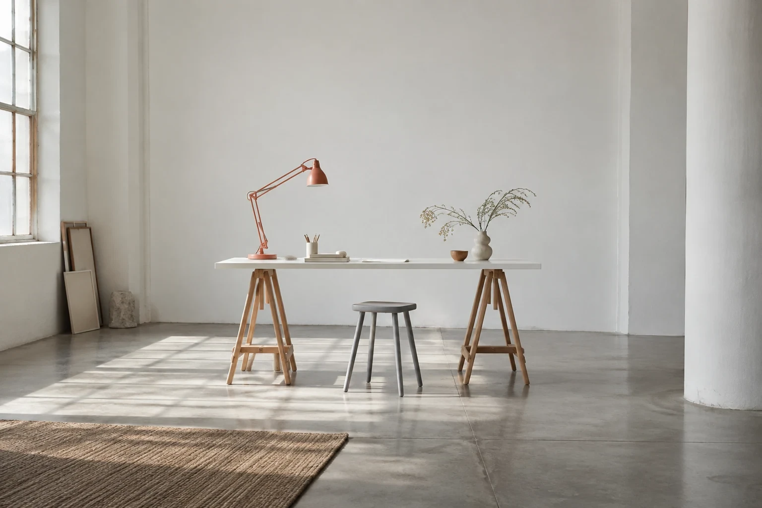 A spare white desktop resting on two warm wooden trestles, a small gray stool and coral articulated task lamp, large empty white studio