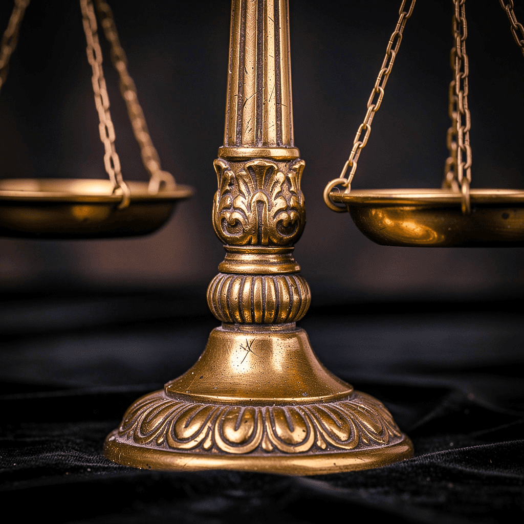 Golden brass scales of justice on a dark dramatic background, classic legal symbol representing balance, fairness and the judicial system for law firm use