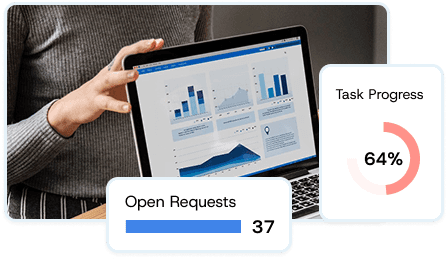 Person using a laptop with digital overlays showing “Open Requests” and “Task Progress 64%,” representing version control and task visibility.