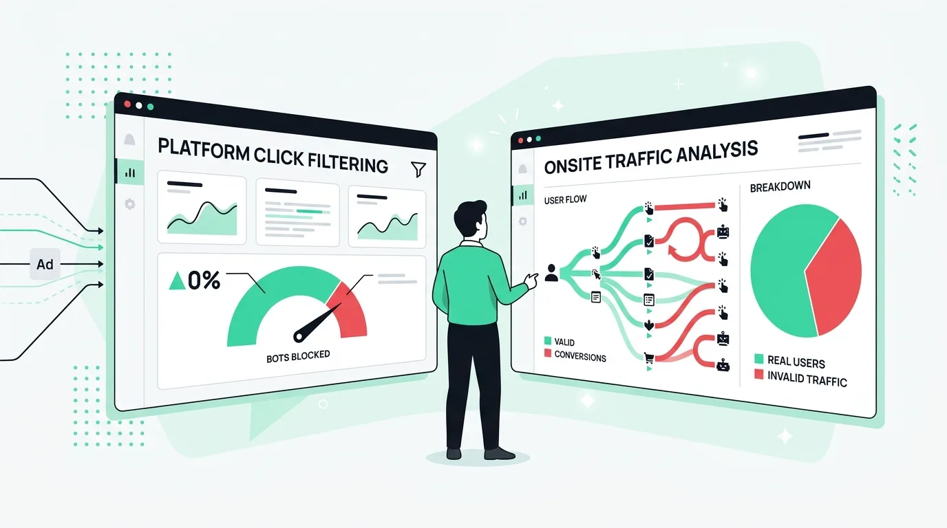 Marketer comparing platform-level click filtering and onsite traffic analysis dashboards