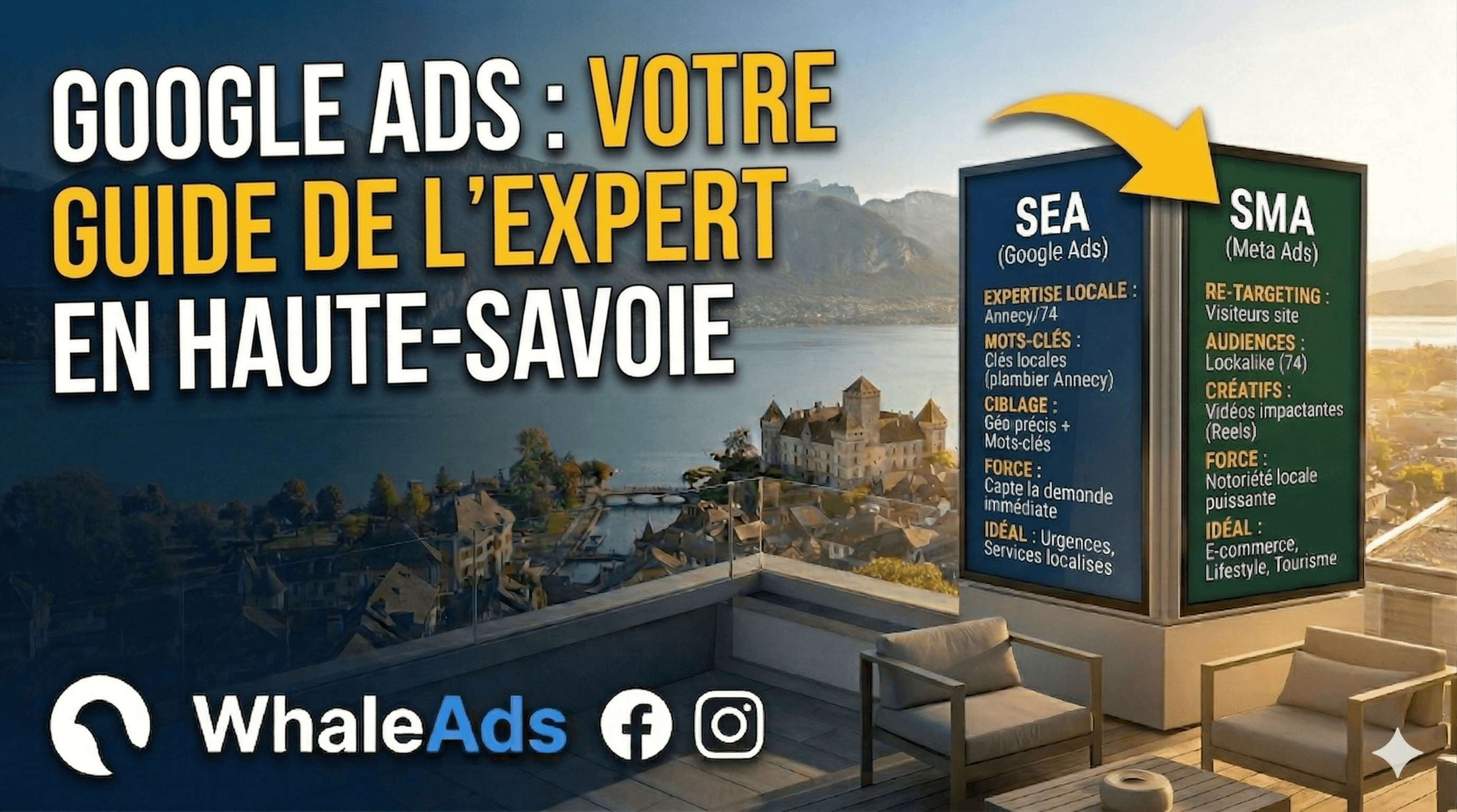 Expert de l'agence WhaleAds à Annecy analysant des performances Google Ads sur une terrasse avec vue sur le lac et les montagnes de Haute-Savoie.