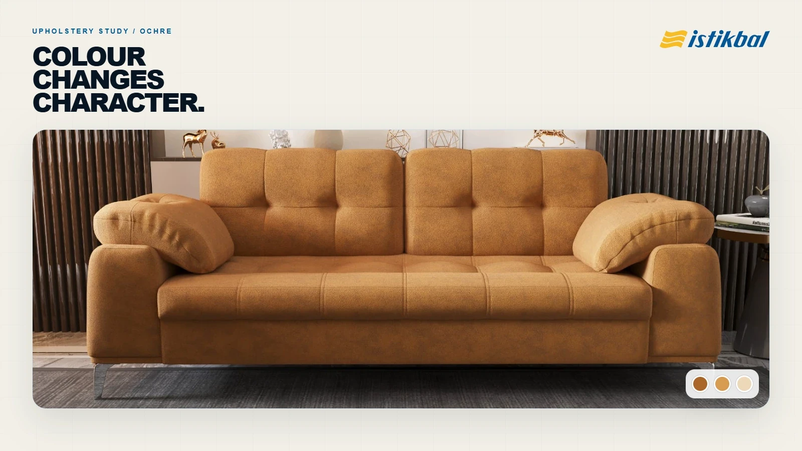 Photorealistic ochre sofa colour variant created for furniture material and upholstery presentation.
