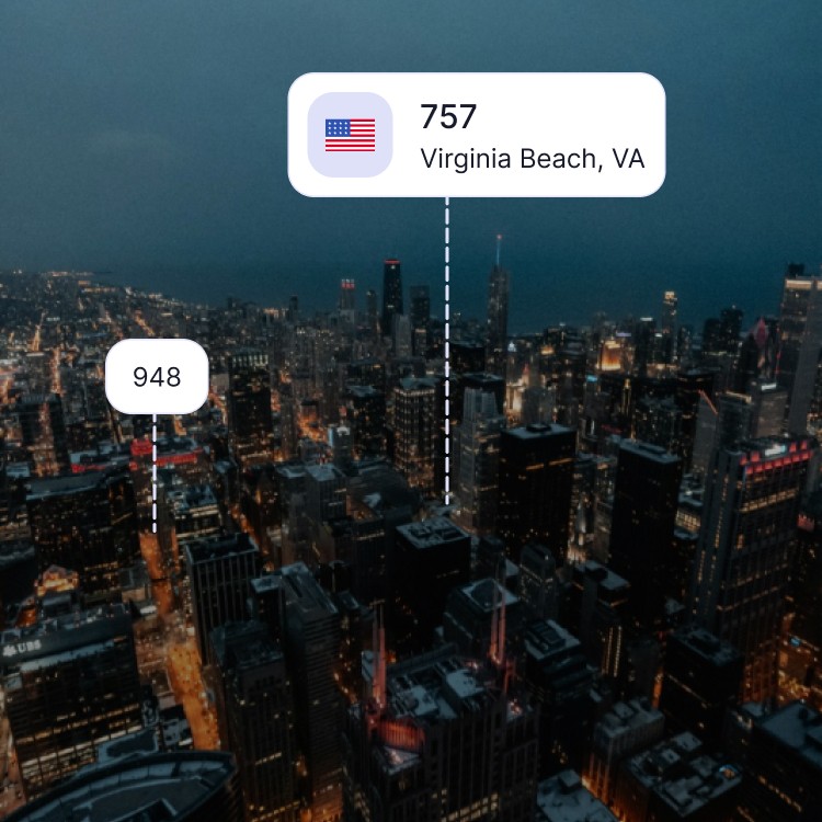 City skyline of Virginia Beach showing the 757 area code and surrounding area codes