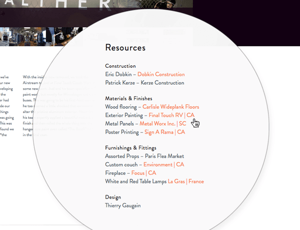 A circular resource section titled “Resources” lists construction materials and finishes: Wood flooring (Carlisle Wideplank Floors), Exterior Painting (Final Touch RV | CA), Metal Panels (Metal Worx Inc. | SC), Poster Printing (Sign A Rama | CA), and Furnishings & Fittings (Paris Flea Market). Design by Thierry Gaugain.