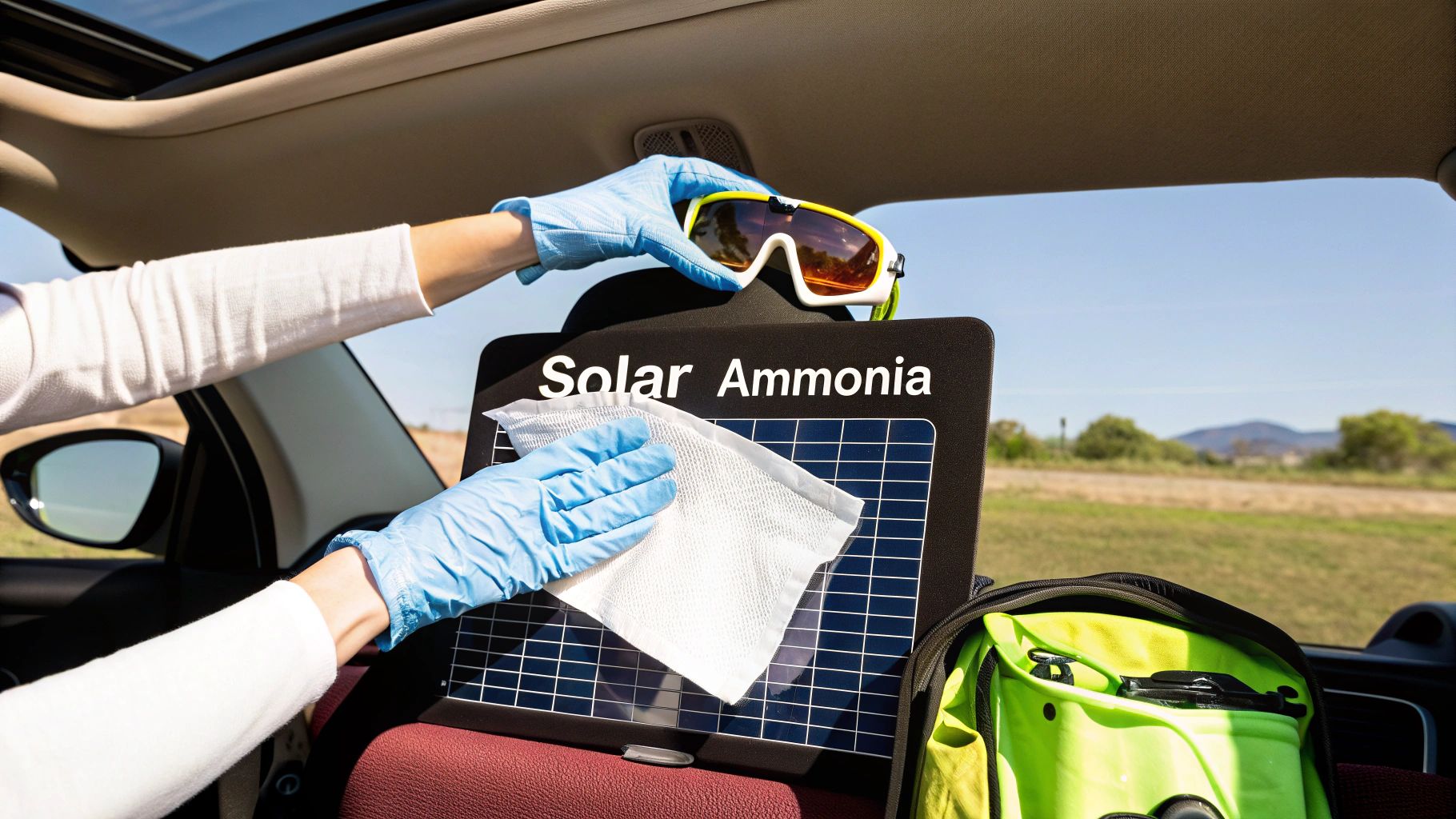 Inside a car, gloved hands clean a small portable solar panel labeled 'Solar Ammonia'.