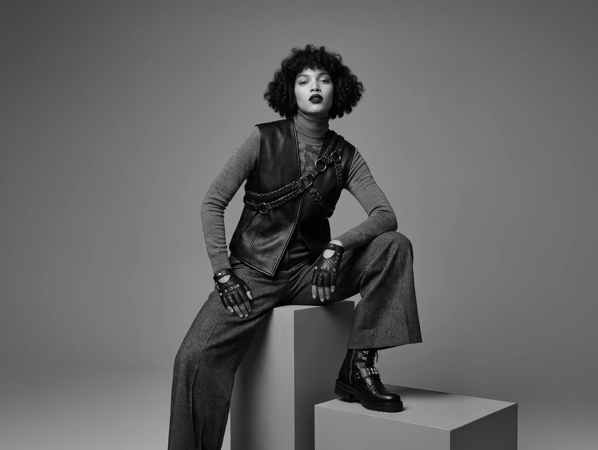 Black and white studio portrait of a seated model wearing textured garments from Dominion fashion label.